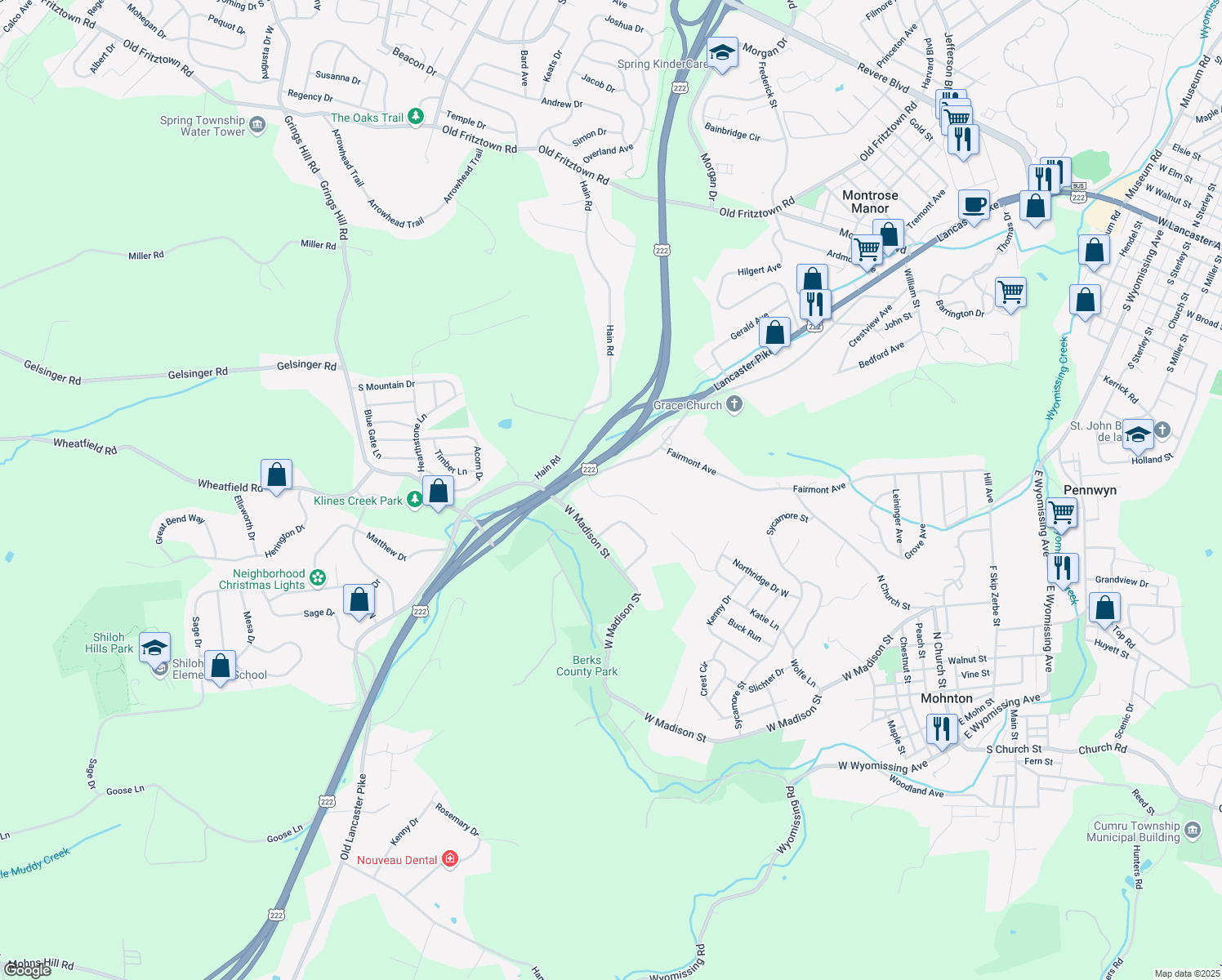 map of restaurants, bars, coffee shops, grocery stores, and more near 7 Joseph's Way in Birdsboro