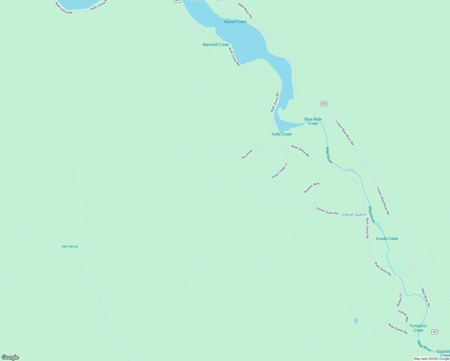map of restaurants, bars, coffee shops, grocery stores, and more near 750 Holly Creek Lane in Mad River
