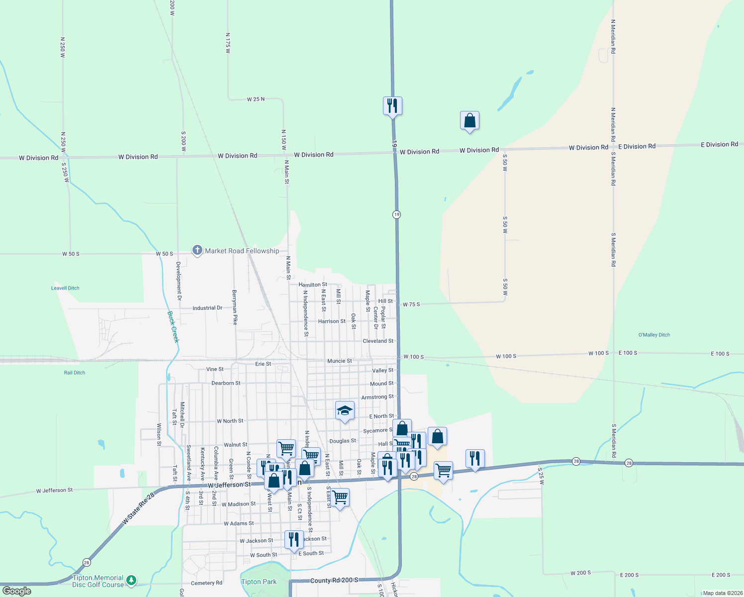 map of restaurants, bars, coffee shops, grocery stores, and more near 610 Hill Street in Tipton