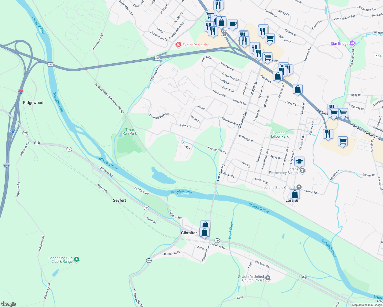 map of restaurants, bars, coffee shops, grocery stores, and more near 309 Forest Hill Circle in Reading
