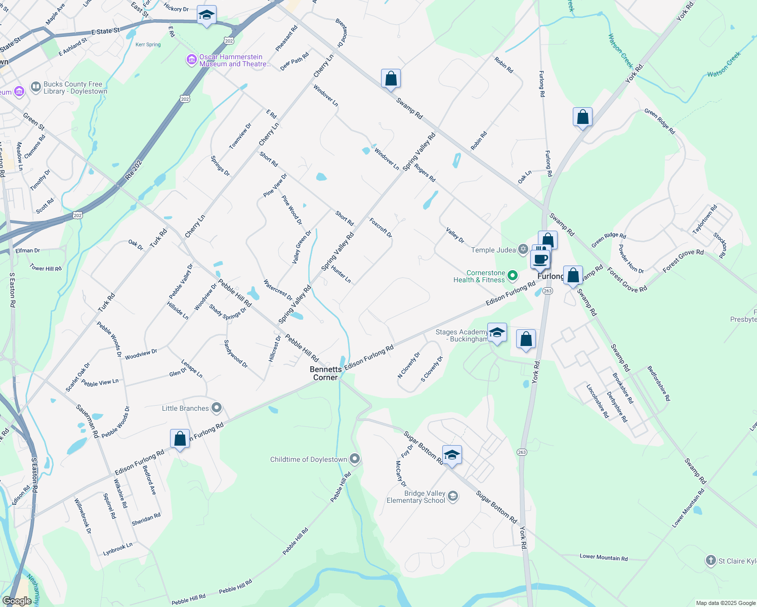 map of restaurants, bars, coffee shops, grocery stores, and more near 184 Saddle Drive in Furlong