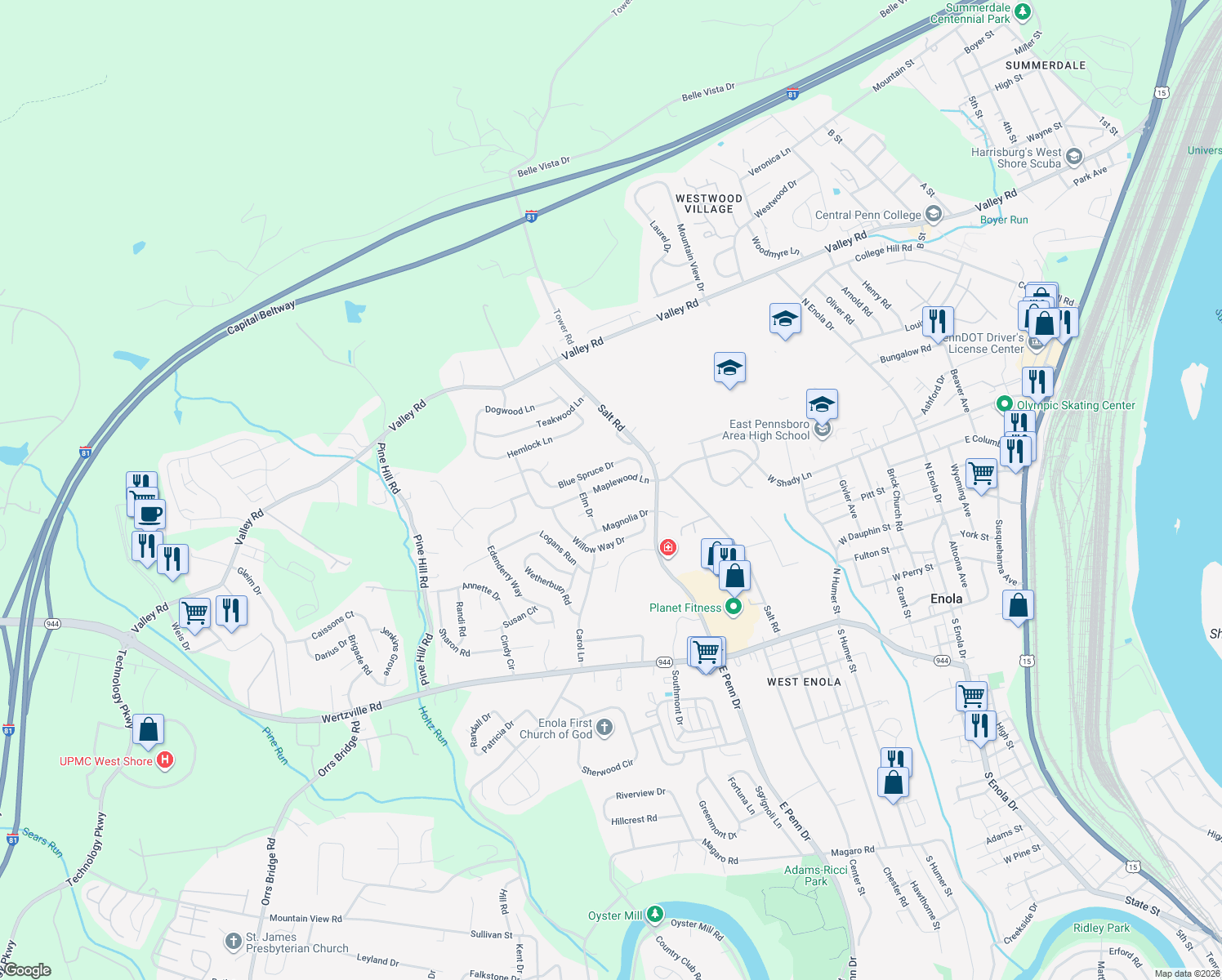 map of restaurants, bars, coffee shops, grocery stores, and more near 912 Maplewood Ln in Enola