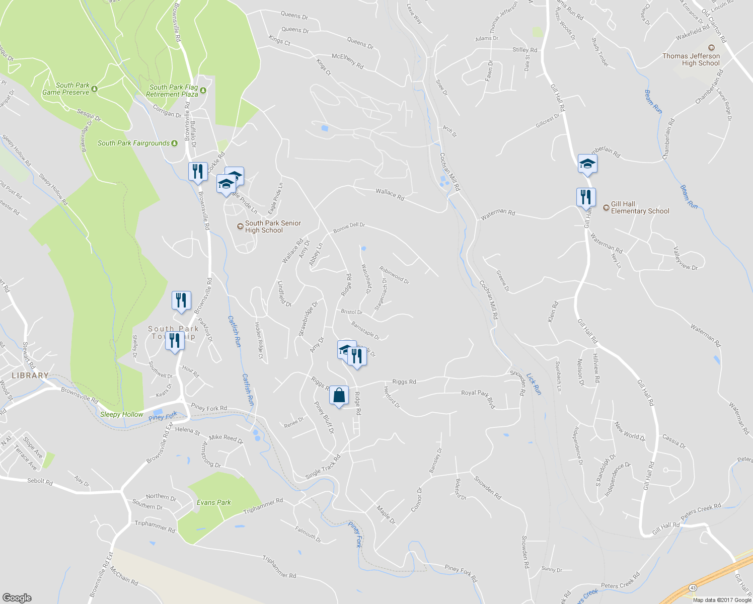 map of restaurants, bars, coffee shops, grocery stores, and more near 2072 Stagecoach Drive in South Park Township