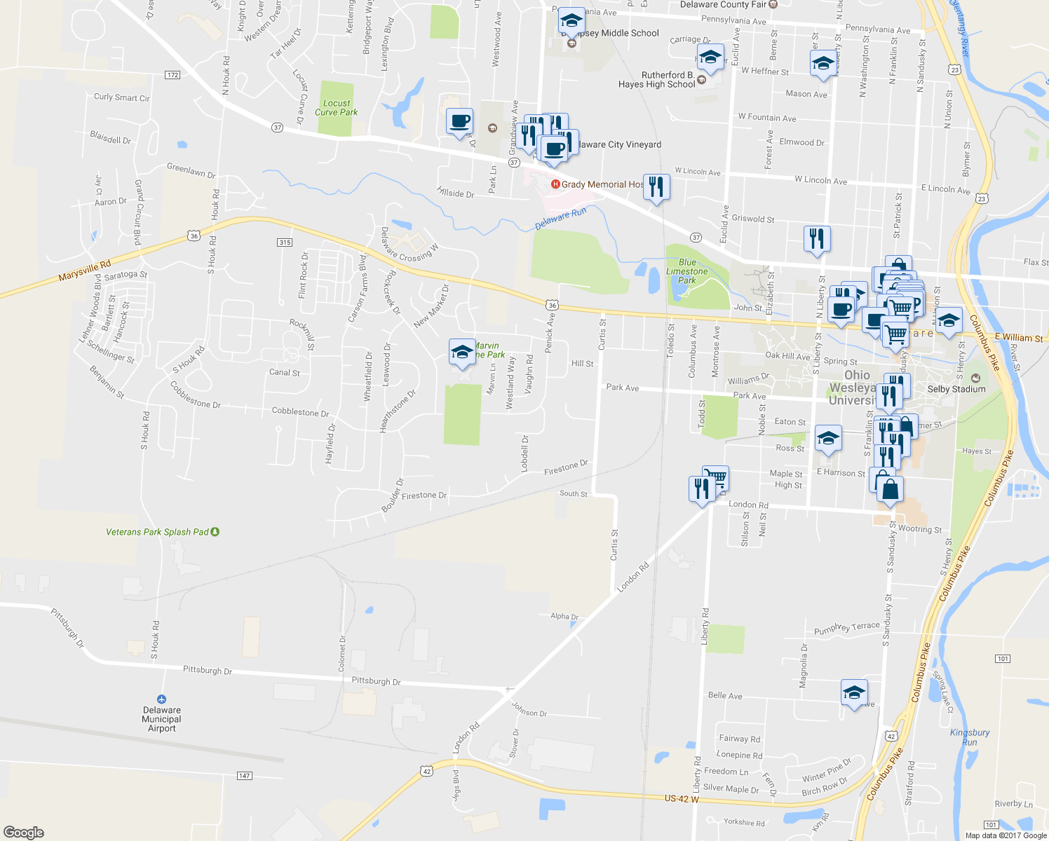 map of restaurants, bars, coffee shops, grocery stores, and more near 209 Penick Avenue in Delaware