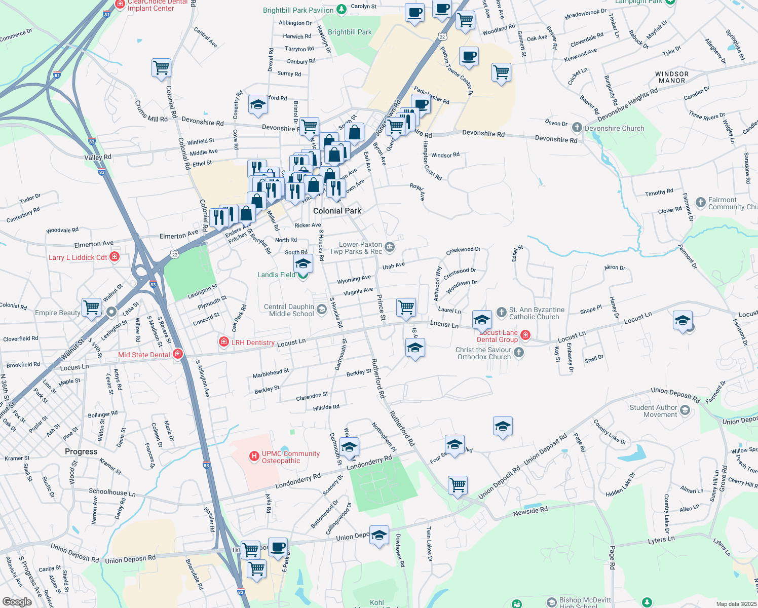 map of restaurants, bars, coffee shops, grocery stores, and more near 4931 Mauretania Avenue in Harrisburg