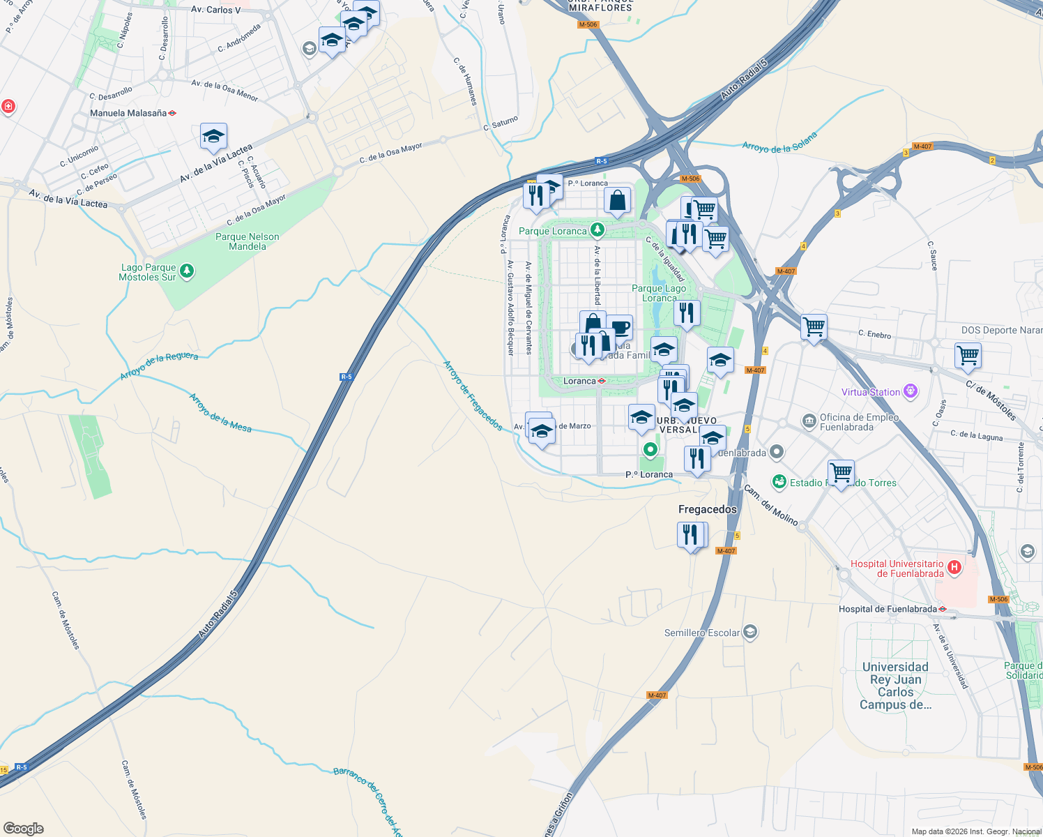map of restaurants, bars, coffee shops, grocery stores, and more near 8 Avenida del Ocho de Marzo in Fuenlabrada