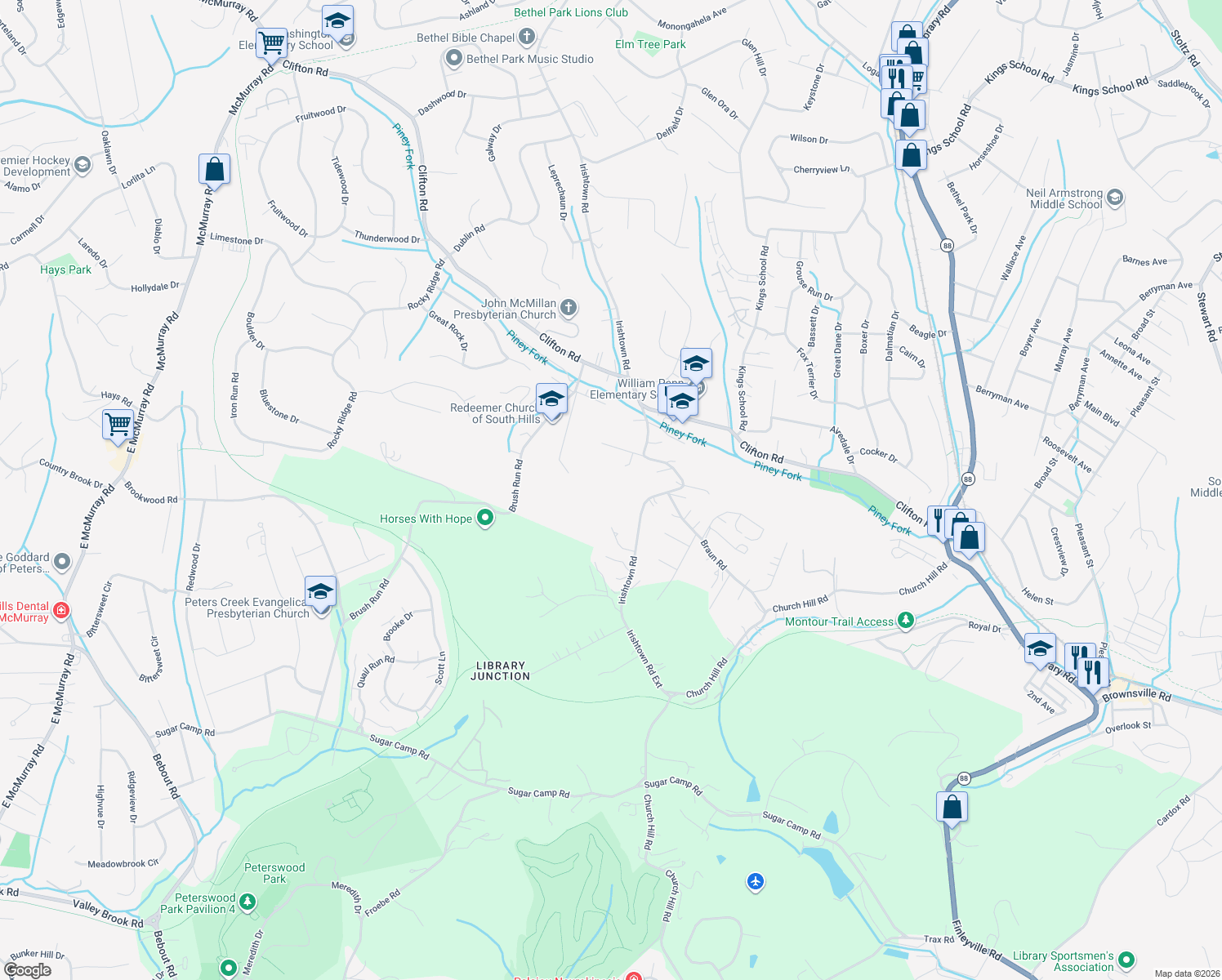 map of restaurants, bars, coffee shops, grocery stores, and more near 990 Maple Spring Rd in Bethel Park