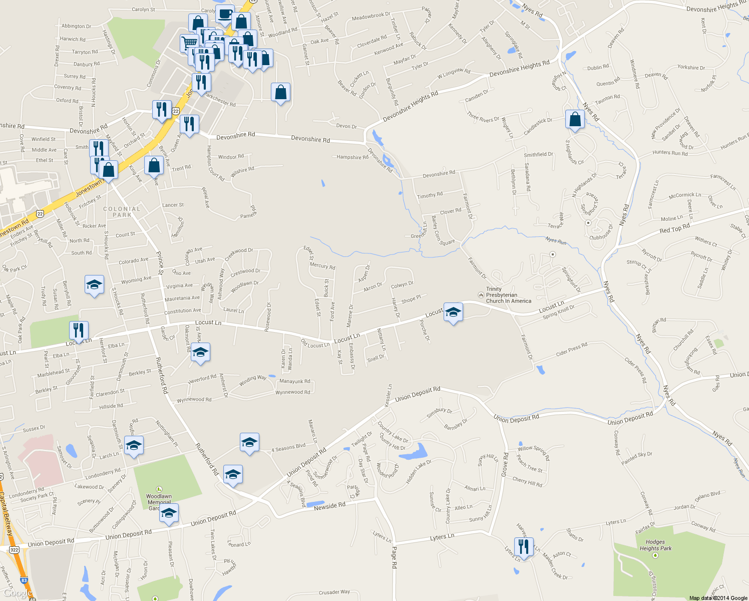 map of restaurants, bars, coffee shops, grocery stores, and more near 5884 Shope Place in Harrisburg