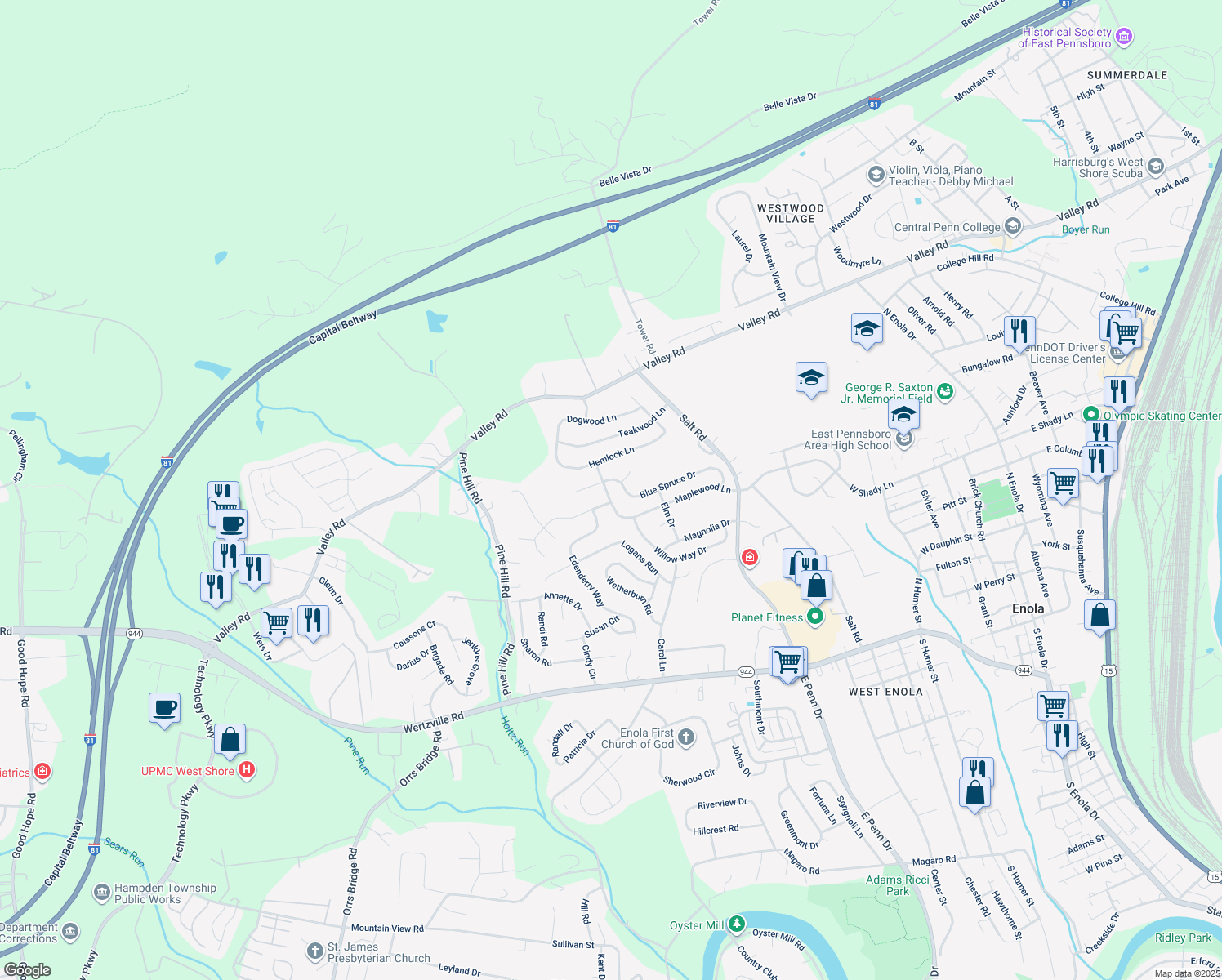 map of restaurants, bars, coffee shops, grocery stores, and more near 945 Maplewood Lane in Enola