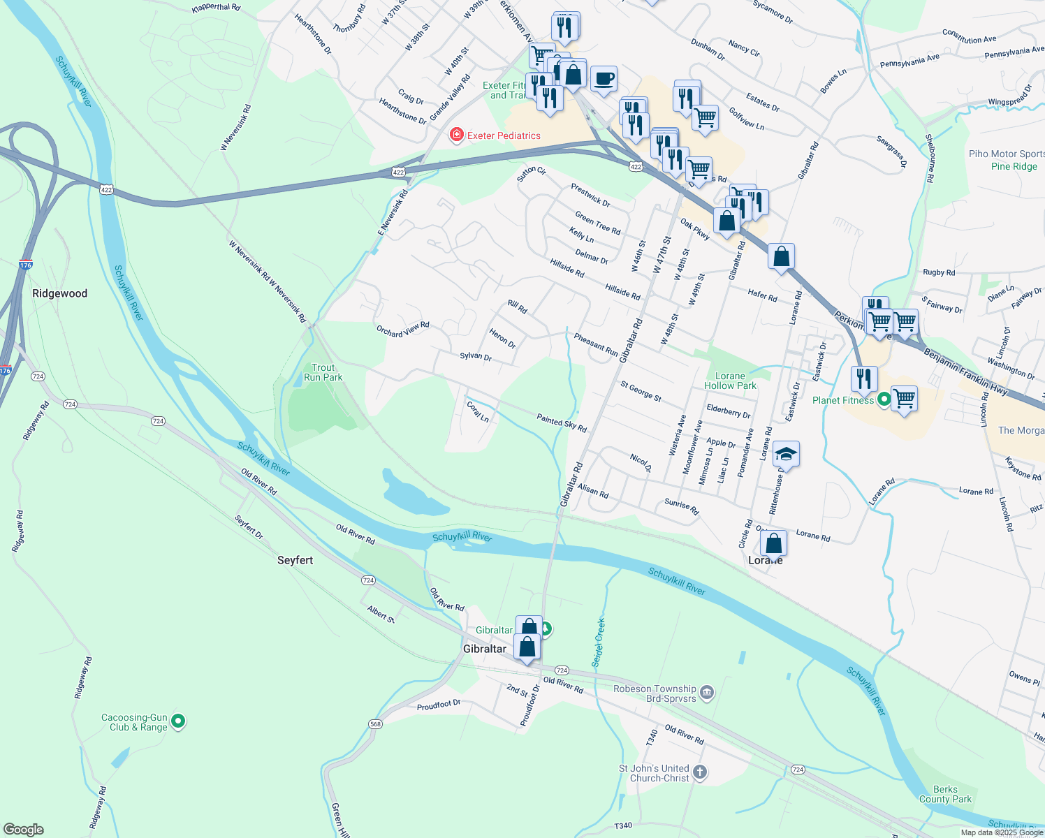 map of restaurants, bars, coffee shops, grocery stores, and more near 4586 Painted Sky Rd in Reading