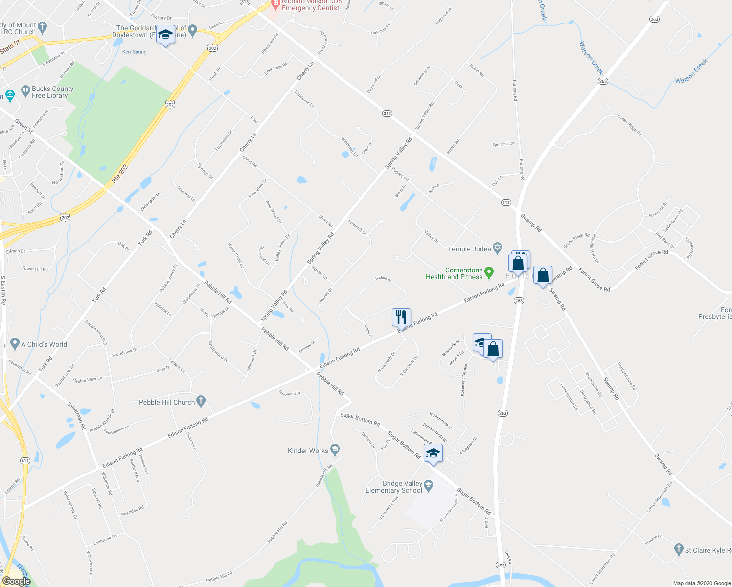 map of restaurants, bars, coffee shops, grocery stores, and more near 168 Saddle Drive in Furlong