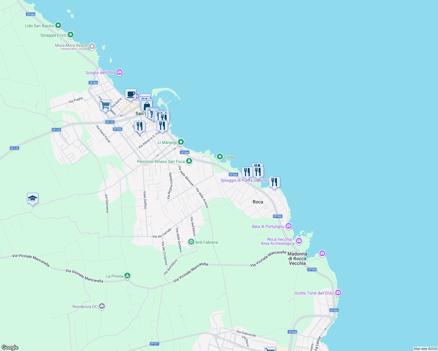 map of restaurants, bars, coffee shops, grocery stores, and more near 2 Via delle Gardenie in Provincia di Lecce