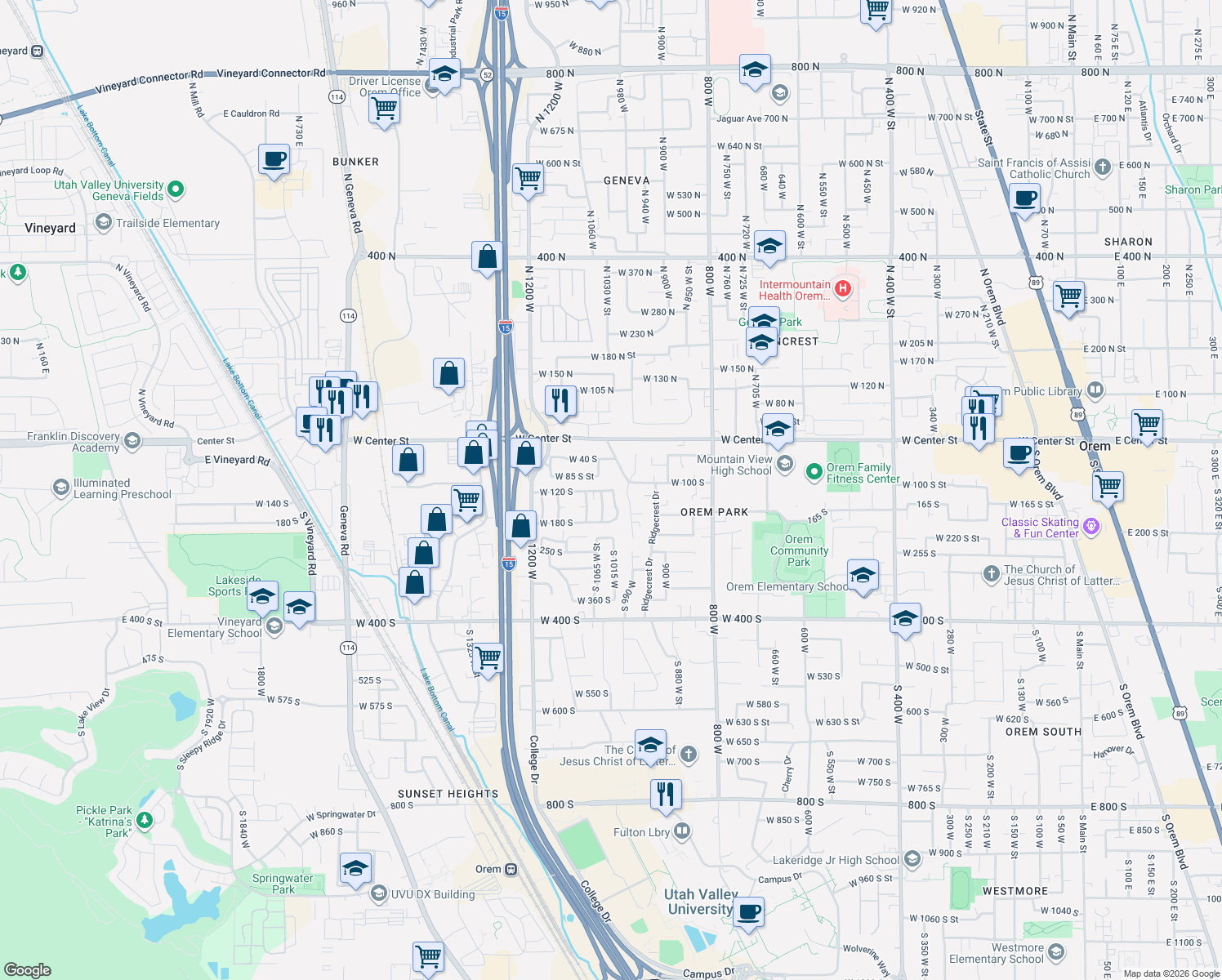 map of restaurants, bars, coffee shops, grocery stores, and more near South 1050 West Street in Orem