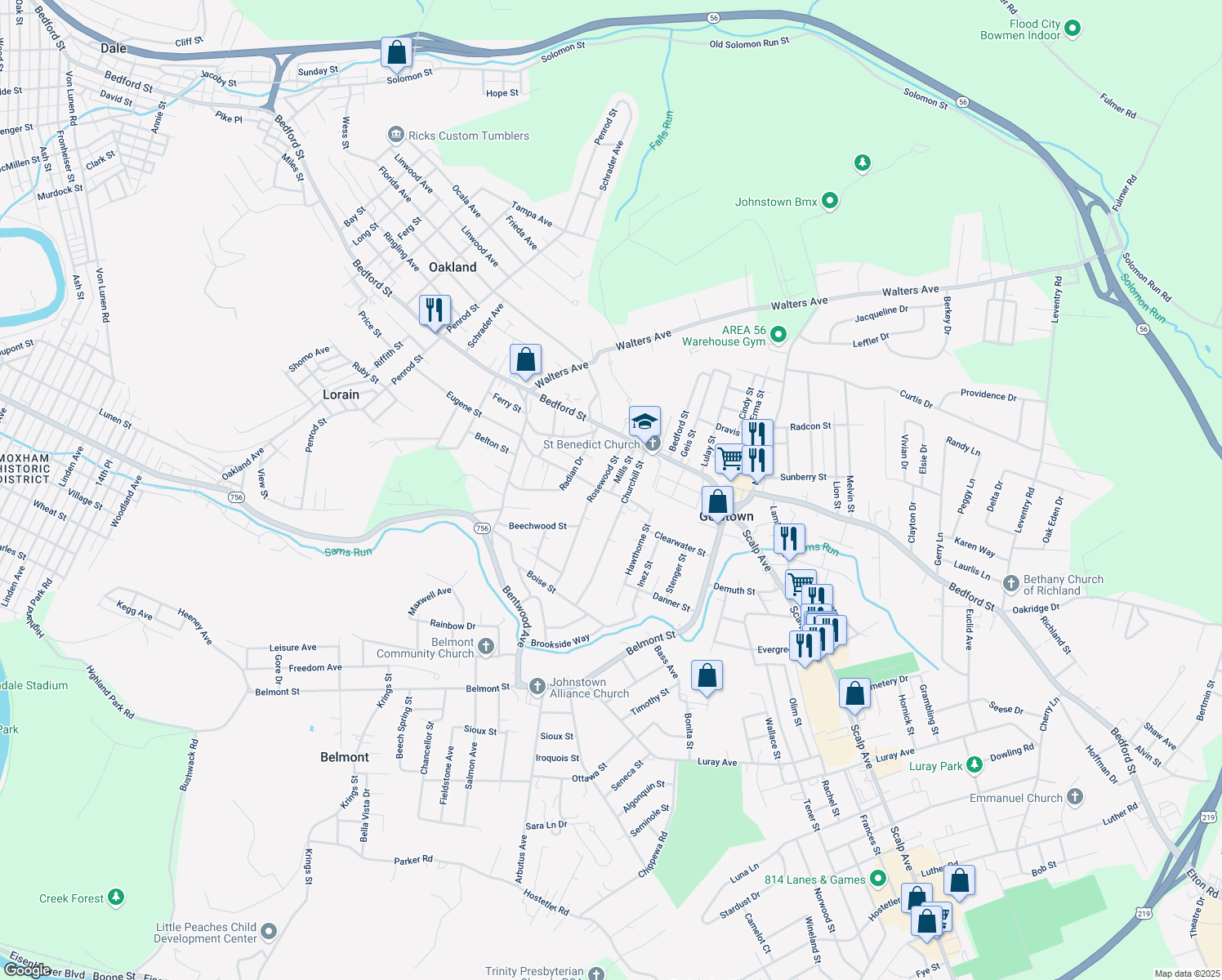 map of restaurants, bars, coffee shops, grocery stores, and more near 198 Mills St in Johnstown