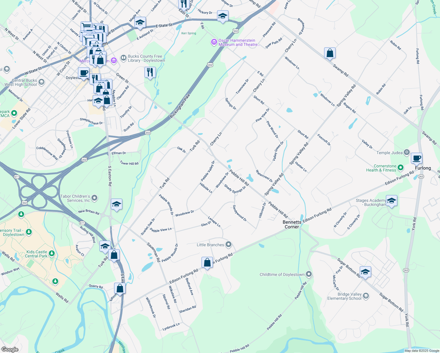 map of restaurants, bars, coffee shops, grocery stores, and more near 24 Woodview Drive in Doylestown