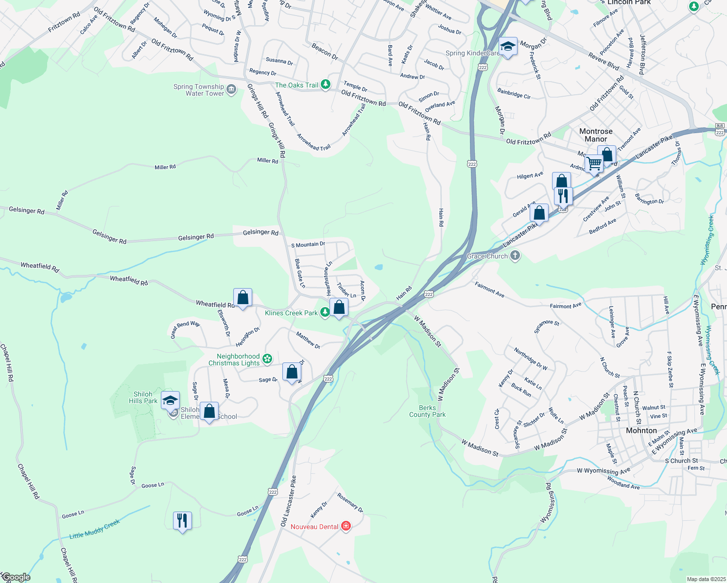map of restaurants, bars, coffee shops, grocery stores, and more near 1744 Acorn Drive in Reading