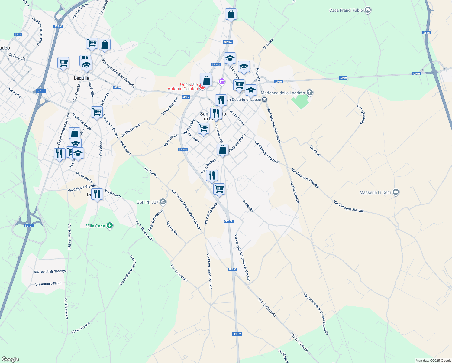 map of restaurants, bars, coffee shops, grocery stores, and more near 15 Via Sardegna in San Cesario di Lecce