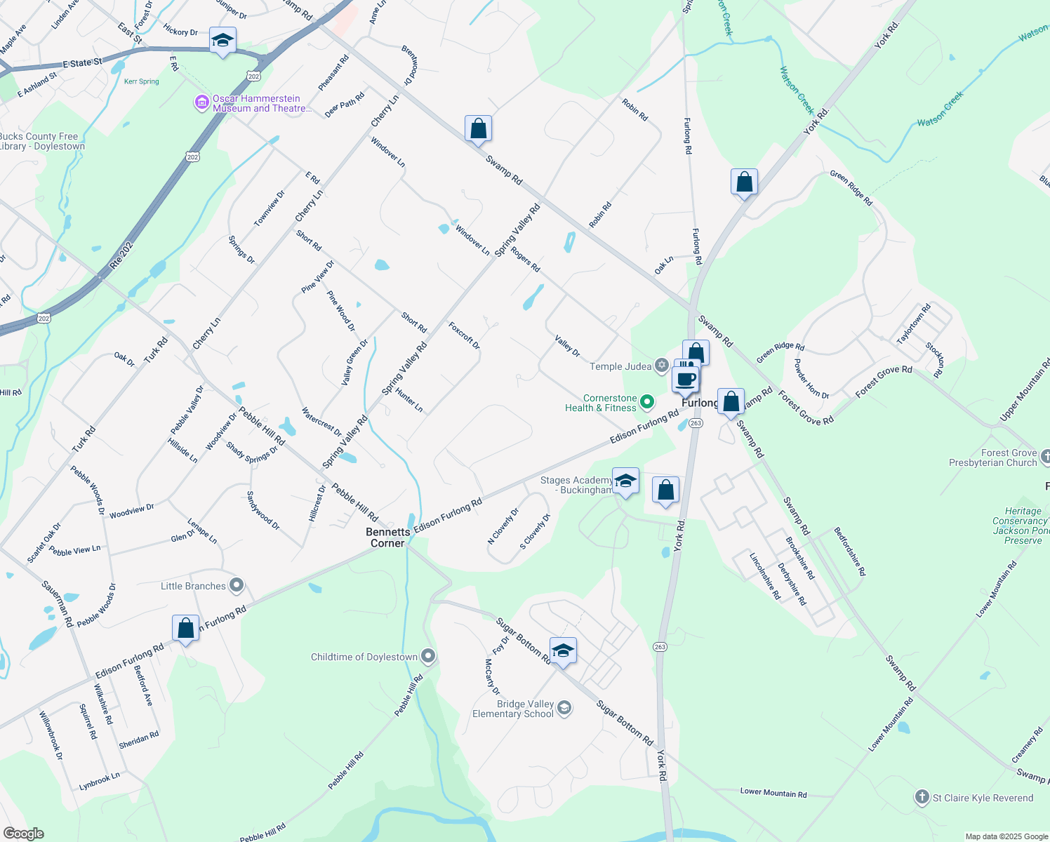 map of restaurants, bars, coffee shops, grocery stores, and more near 95 Saddle Drive in Furlong