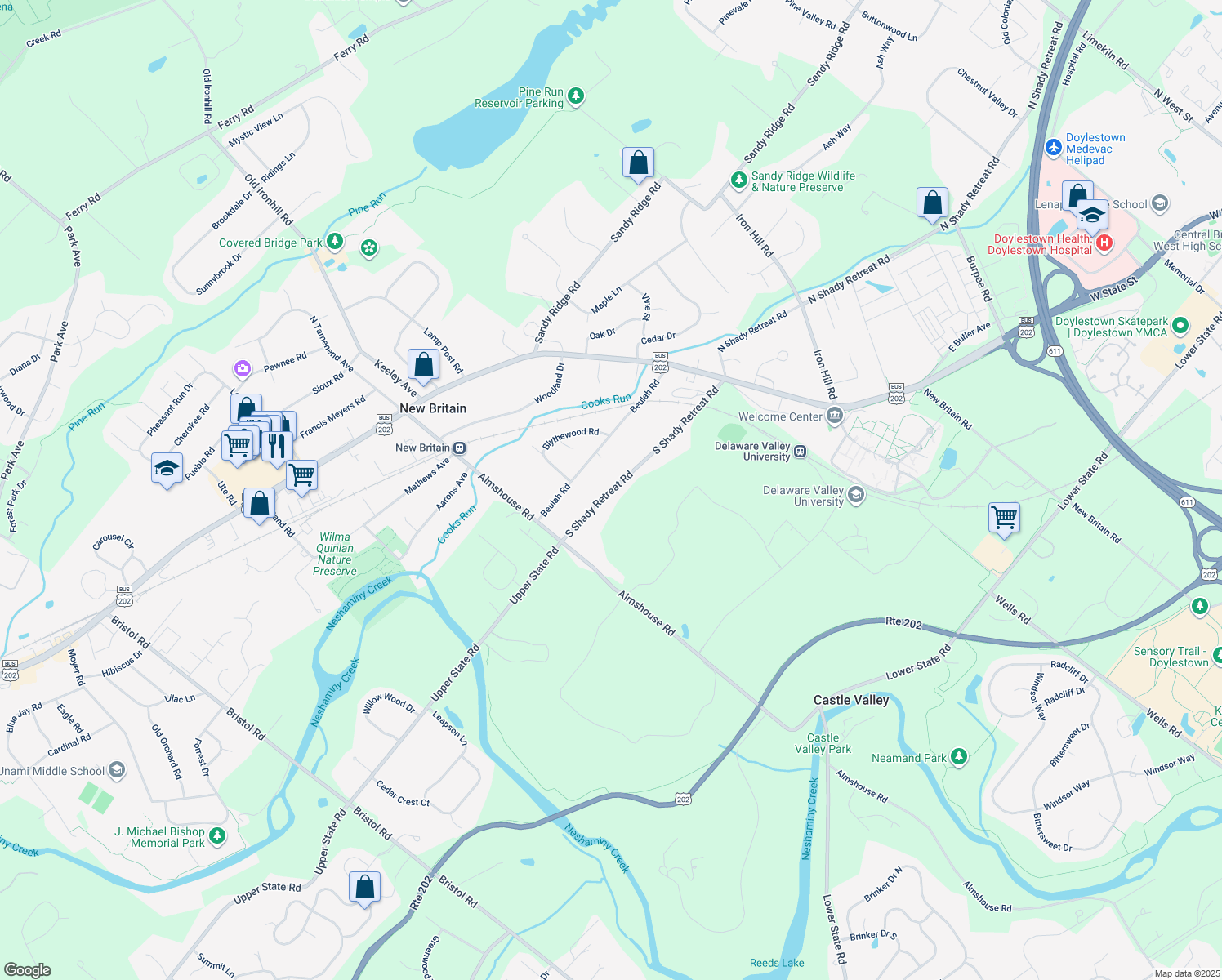 map of restaurants, bars, coffee shops, grocery stores, and more near 190 South Shady Retreat Road in Doylestown