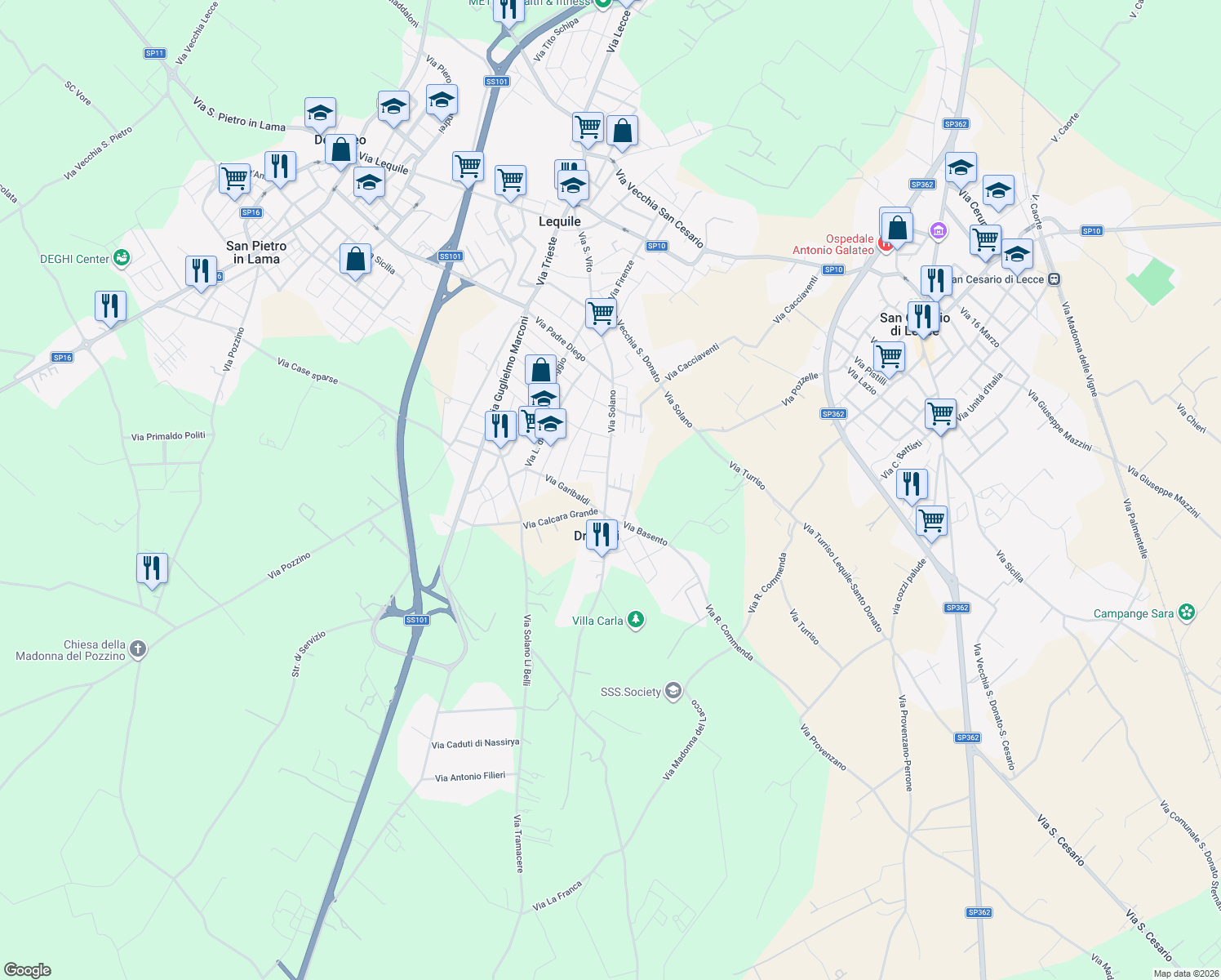 map of restaurants, bars, coffee shops, grocery stores, and more near 21 Via Beniamino Panzera in Lequile