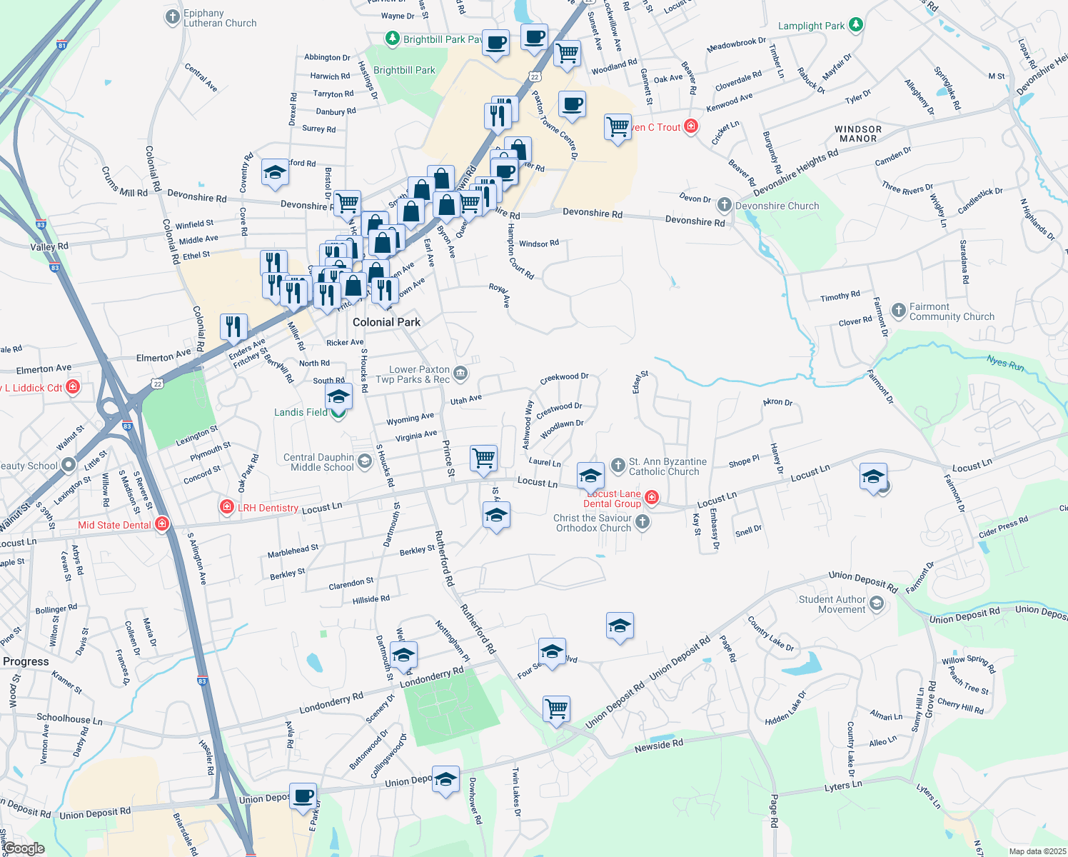 map of restaurants, bars, coffee shops, grocery stores, and more near 5201 Crestwood Drive in Harrisburg