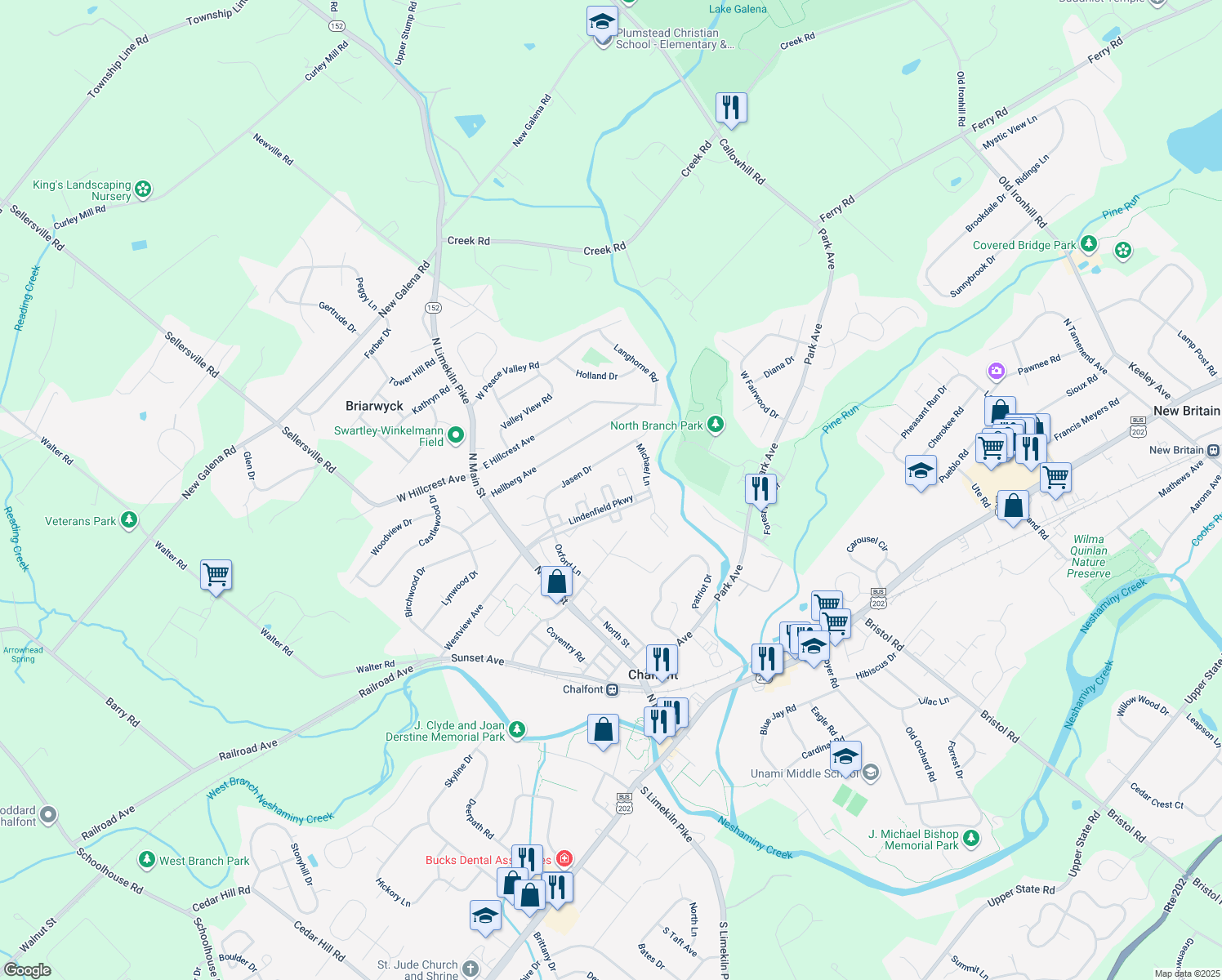 map of restaurants, bars, coffee shops, grocery stores, and more near 69 Sherri Drive in Chalfont