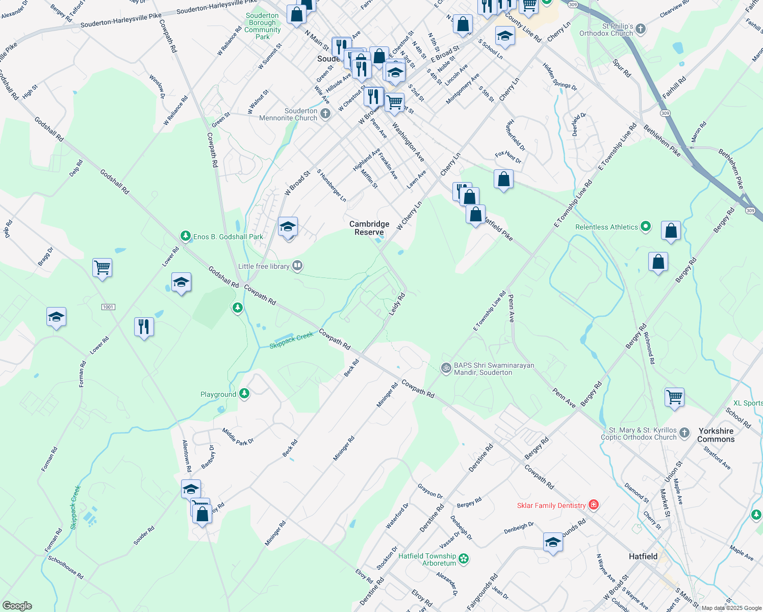 map of restaurants, bars, coffee shops, grocery stores, and more near 368 Harrington Way in Souderton