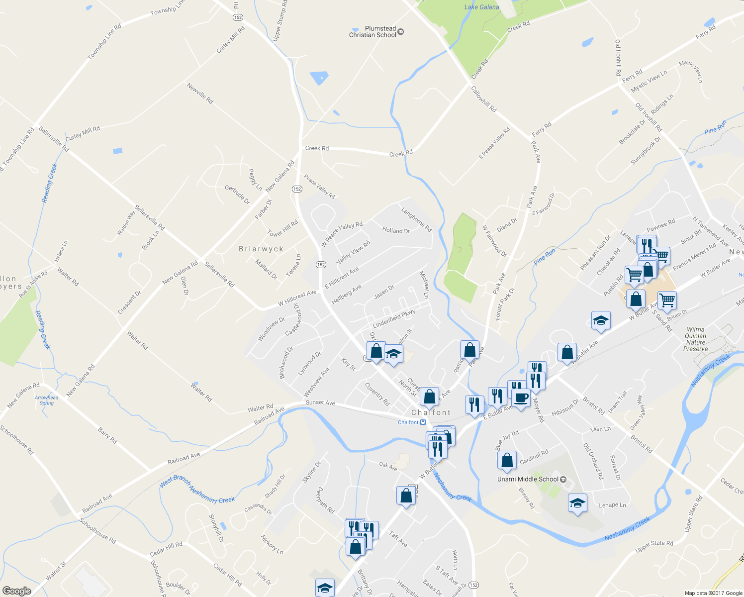 map of restaurants, bars, coffee shops, grocery stores, and more near 60 Jasen Drive in Chalfont