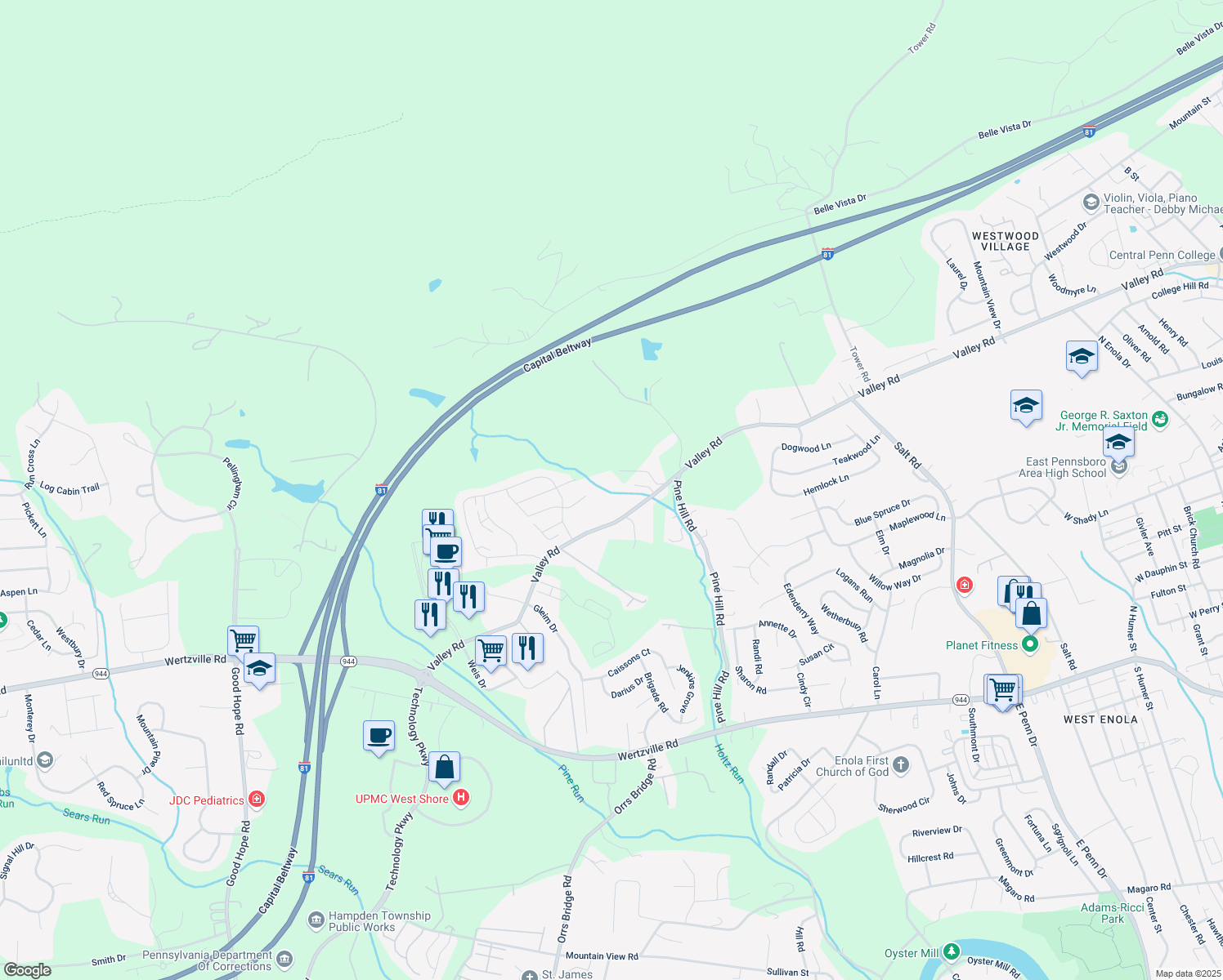 map of restaurants, bars, coffee shops, grocery stores, and more near 2065 Valley St in Enola