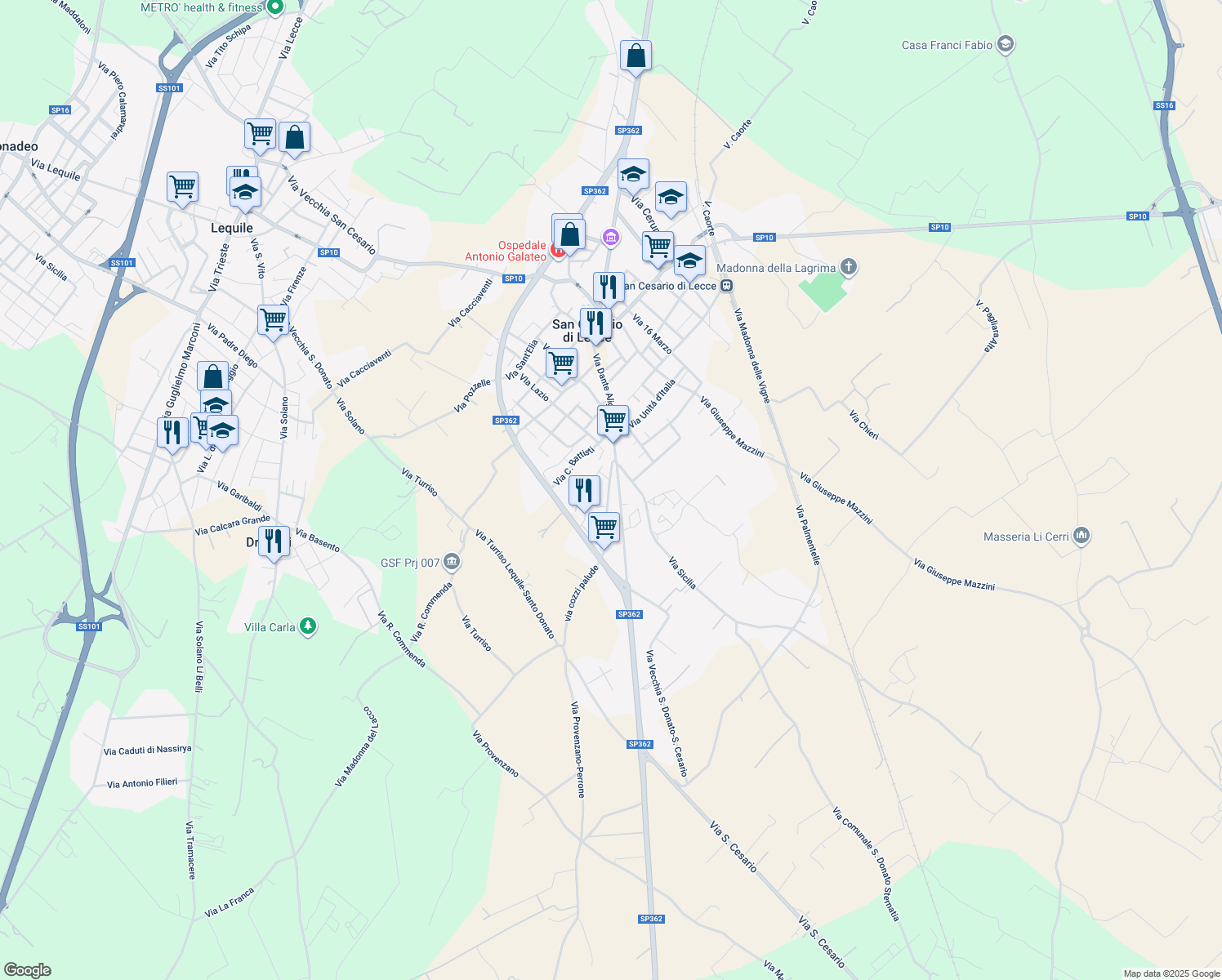 map of restaurants, bars, coffee shops, grocery stores, and more near 15 Via Sardegna in San Cesario di Lecce