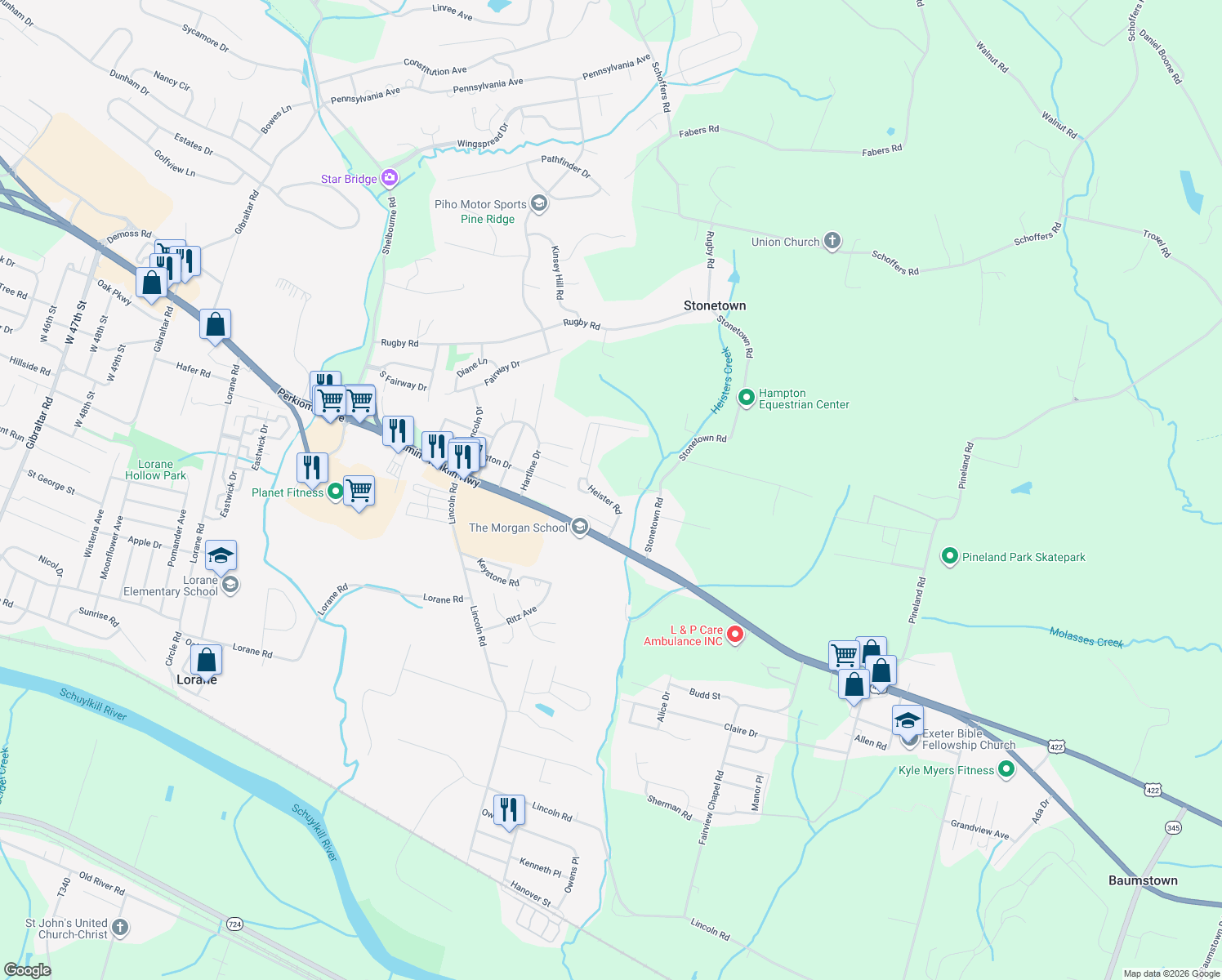map of restaurants, bars, coffee shops, grocery stores, and more near 146 Heister Road in Birdsboro