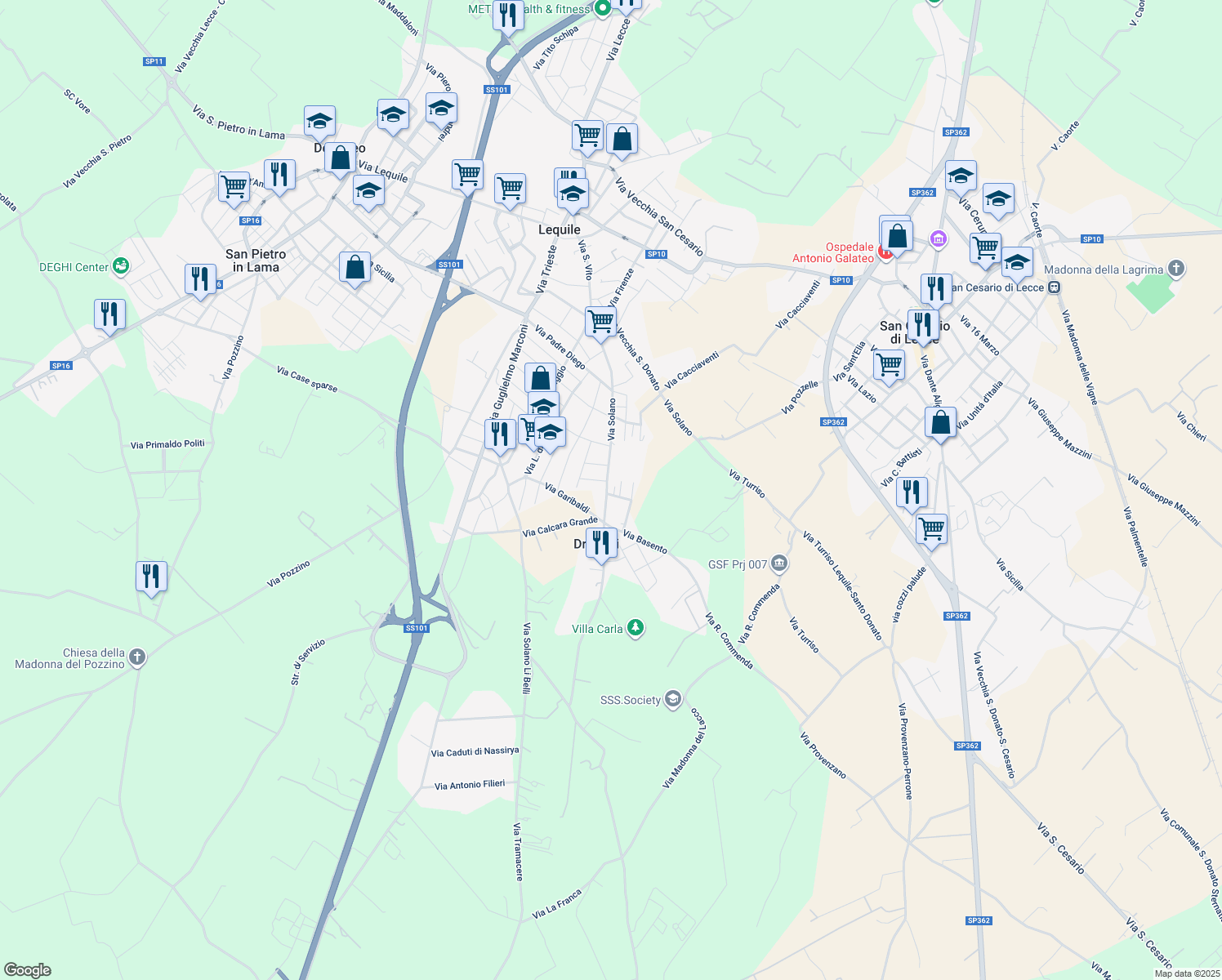 map of restaurants, bars, coffee shops, grocery stores, and more near 21 Via Beniamino Panzera in Lequile