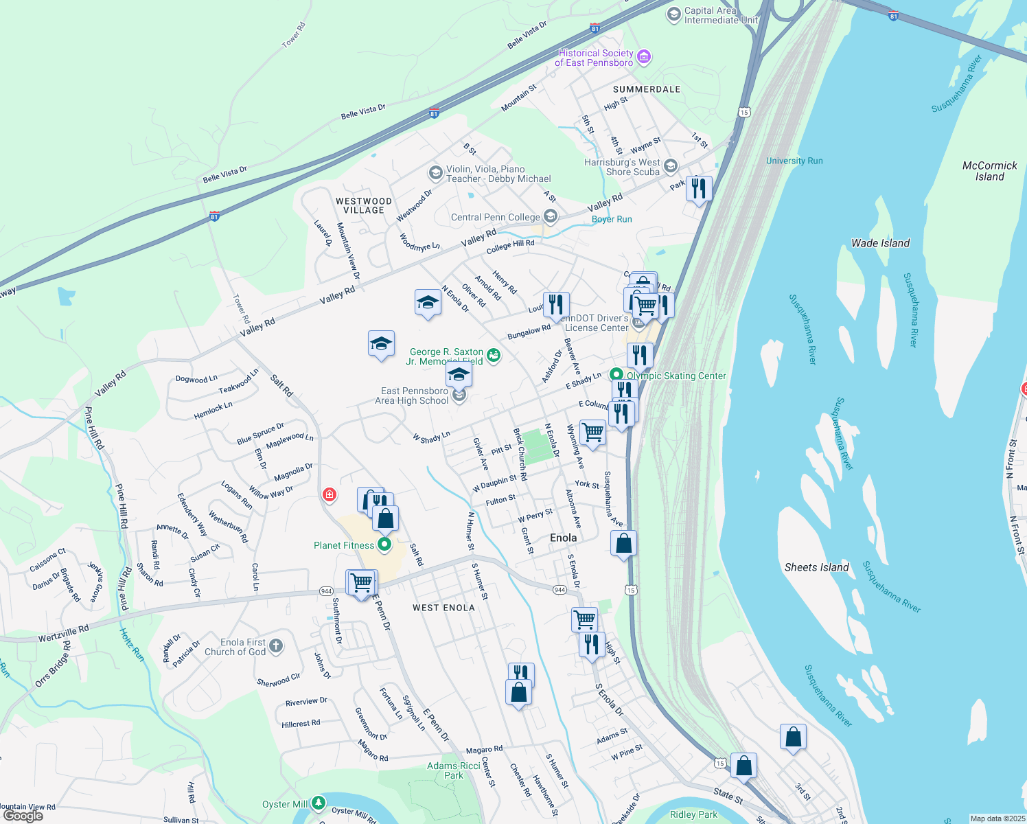 map of restaurants, bars, coffee shops, grocery stores, and more near 230 West Shady Lane in Enola