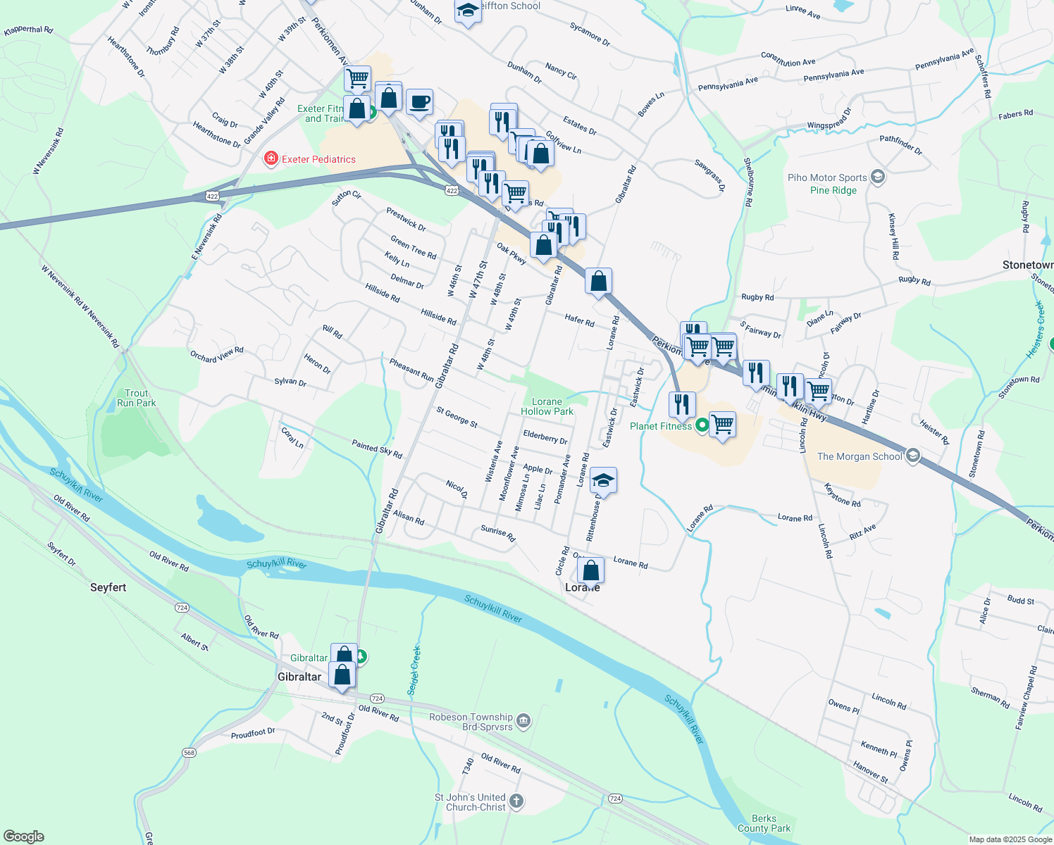 map of restaurants, bars, coffee shops, grocery stores, and more near 445 Moonflower Avenue in Reading