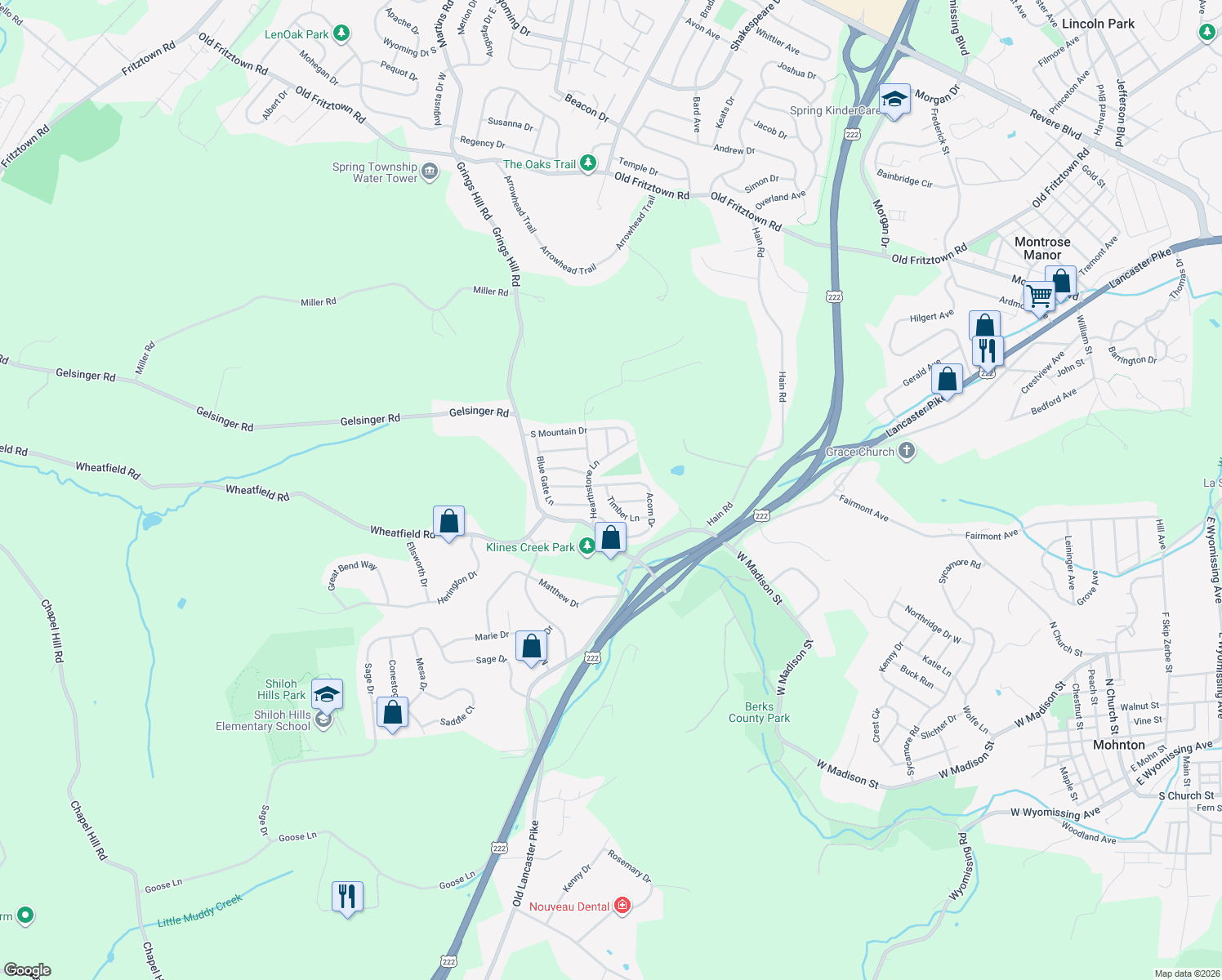 map of restaurants, bars, coffee shops, grocery stores, and more near 1782 Acorn Dr in Sinking Spring