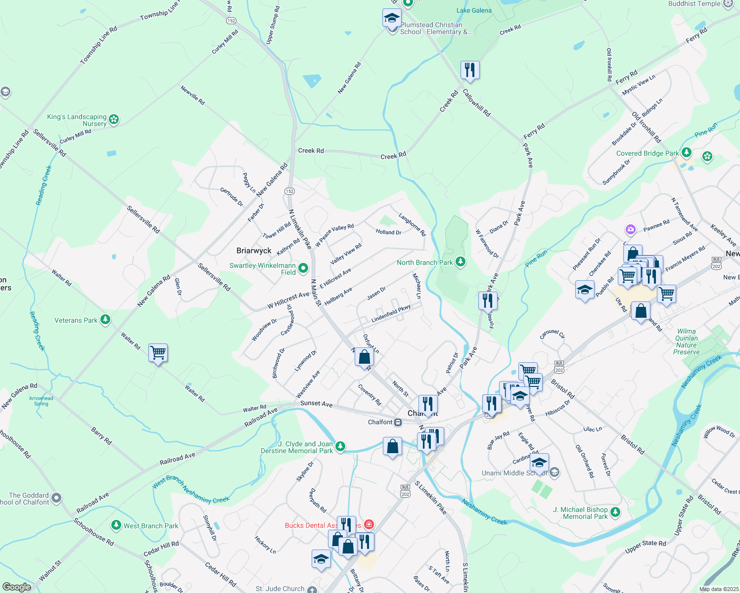 map of restaurants, bars, coffee shops, grocery stores, and more near 75 Jasen Drive in Chalfont