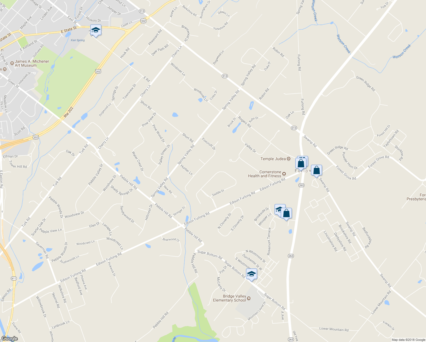 map of restaurants, bars, coffee shops, grocery stores, and more near 151 Saddle Drive in Furlong
