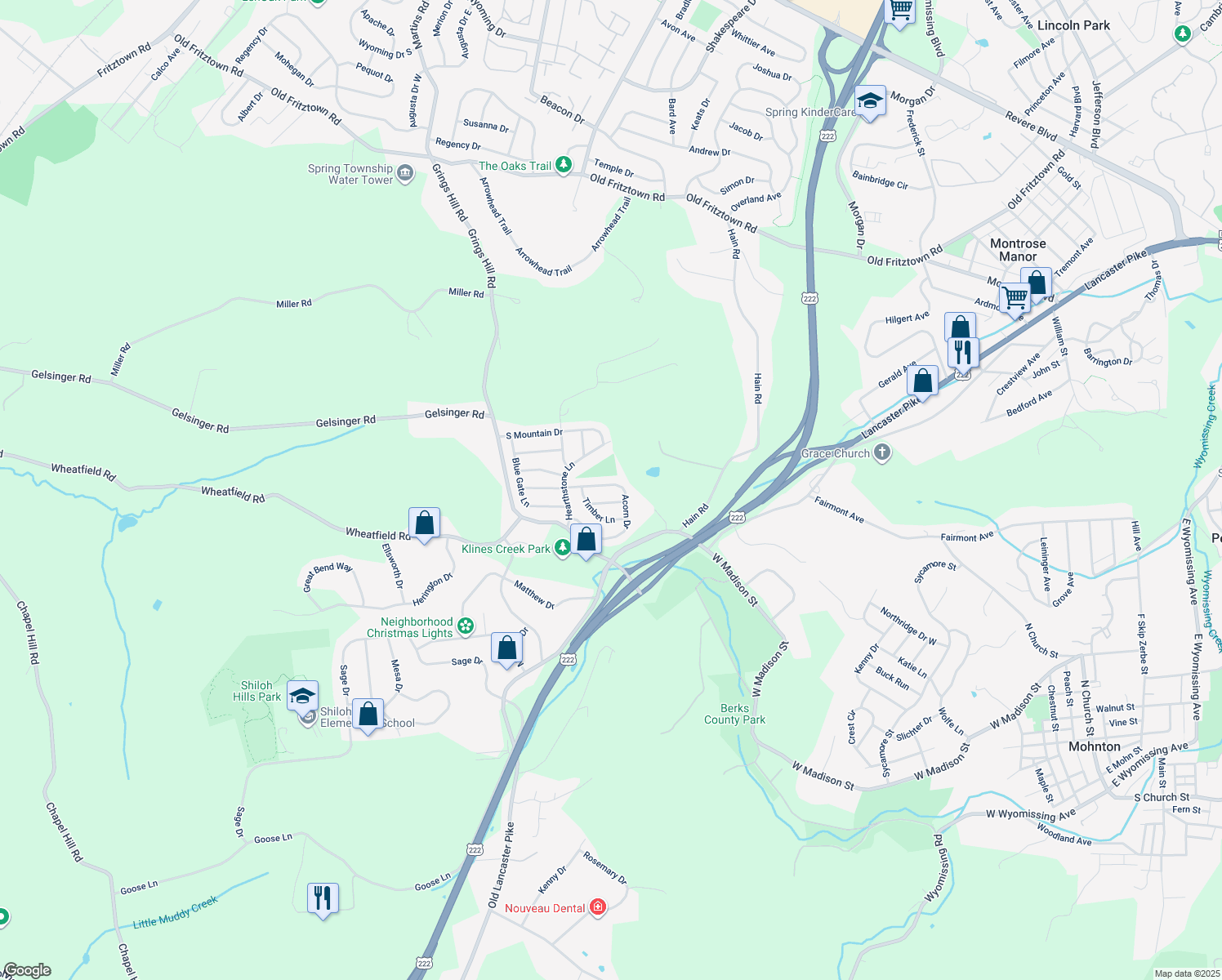 map of restaurants, bars, coffee shops, grocery stores, and more near 1764 Acorn Dr in Sinking Spring