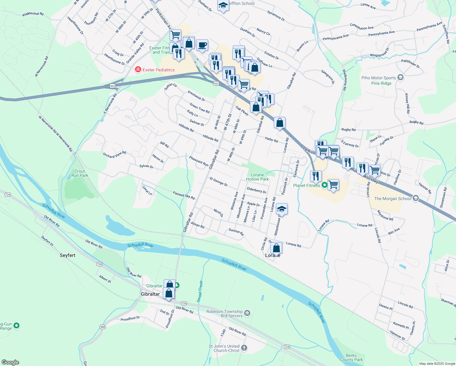 map of restaurants, bars, coffee shops, grocery stores, and more near 4713A Saint George Street in Reading