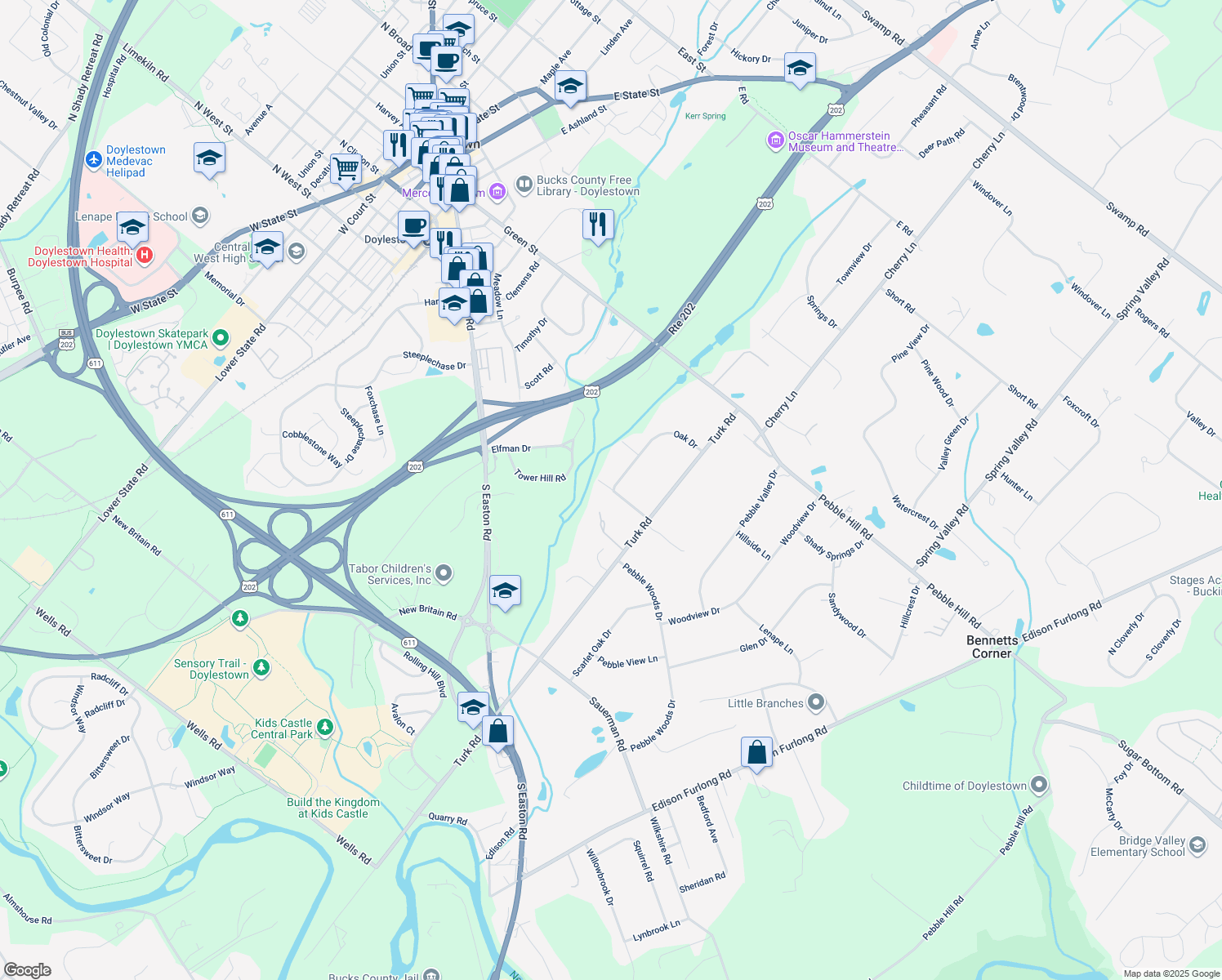 map of restaurants, bars, coffee shops, grocery stores, and more near 42 Pebble Woods Drive North in Doylestown