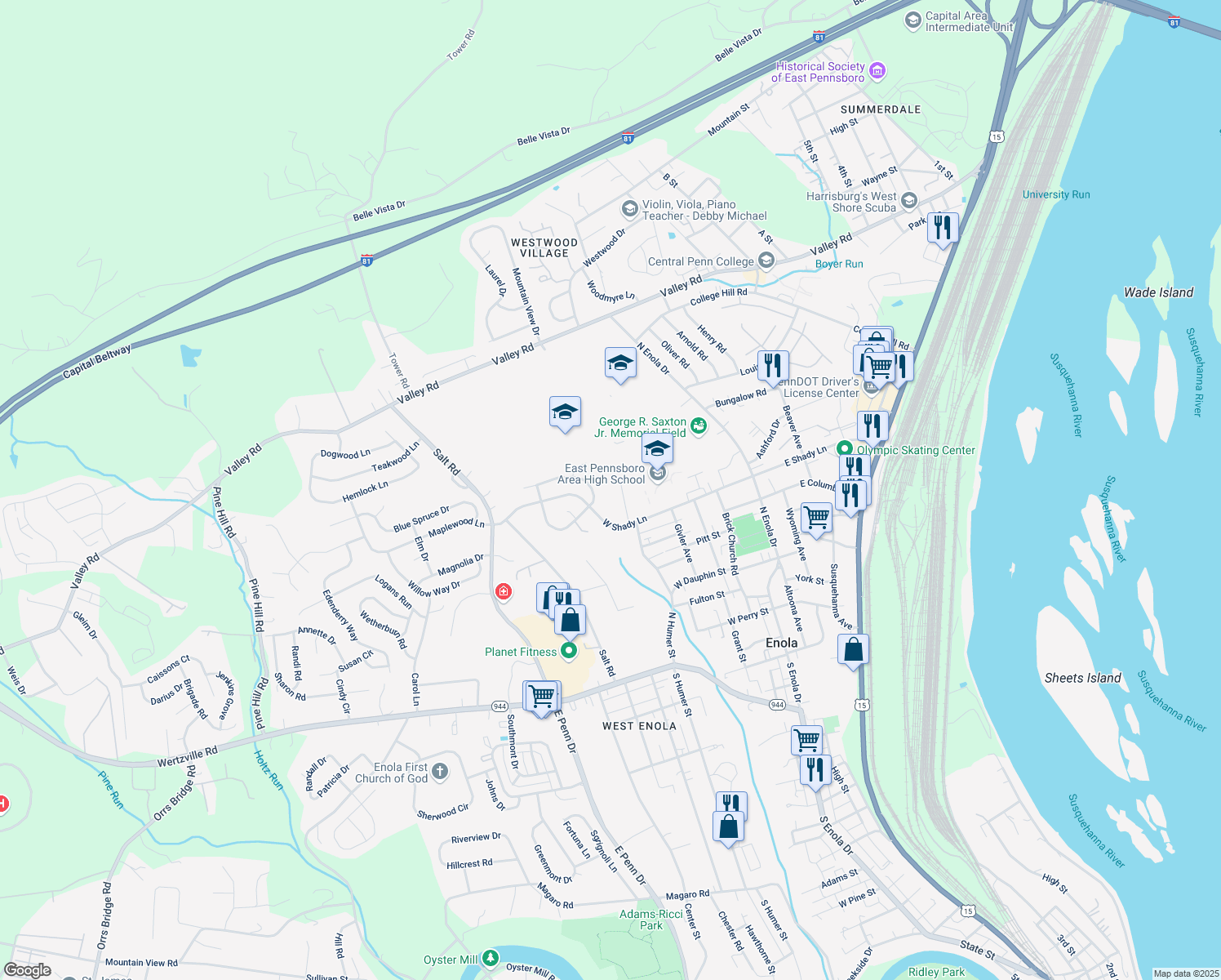 map of restaurants, bars, coffee shops, grocery stores, and more near 13 Gutshall Avenue in Enola