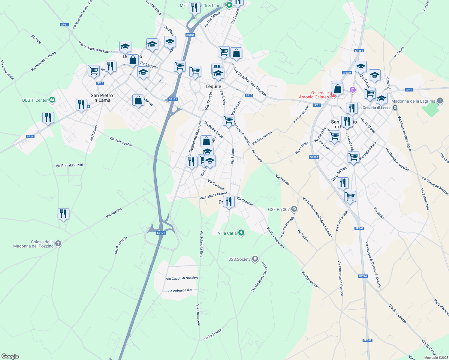 map of restaurants, bars, coffee shops, grocery stores, and more near 21 Via Beniamino Panzera in Lequile