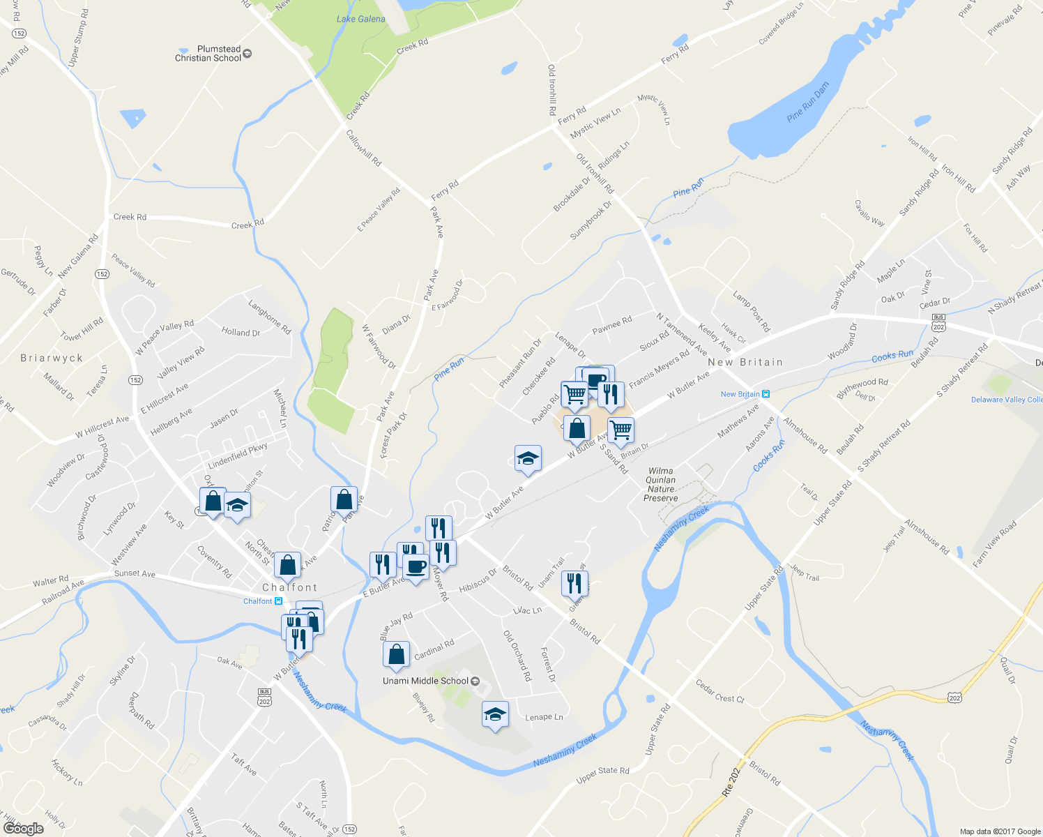 map of restaurants, bars, coffee shops, grocery stores, and more near 160 Pueblo Road in New Britain