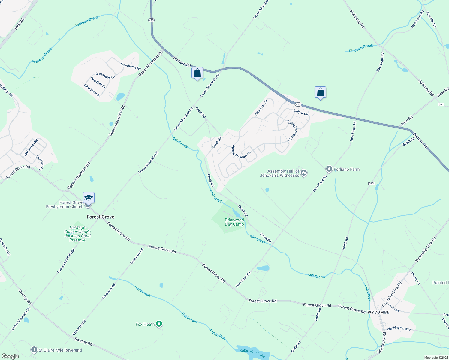 map of restaurants, bars, coffee shops, grocery stores, and more near 281 Peach Court in New Hope