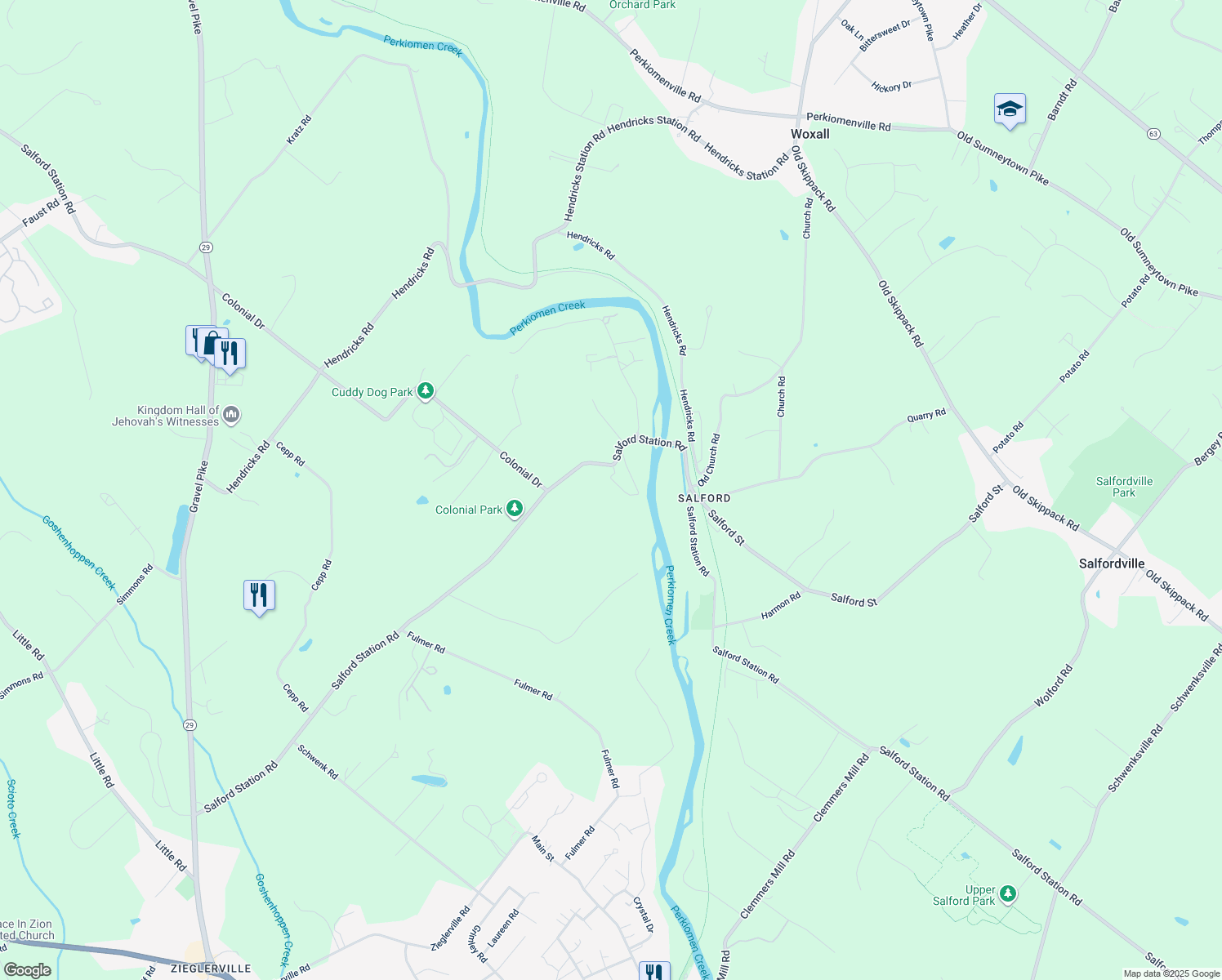 map of restaurants, bars, coffee shops, grocery stores, and more near 405 Salford Station Road in Perkiomenville