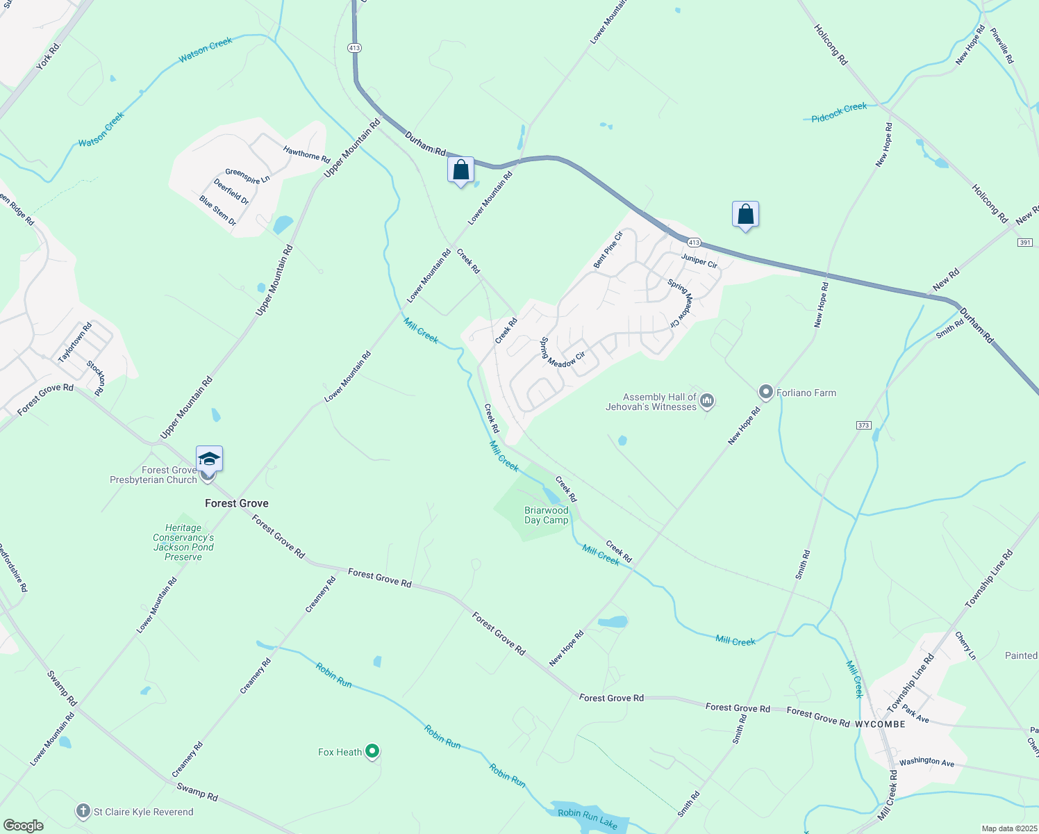 map of restaurants, bars, coffee shops, grocery stores, and more near 279 Peach Court in New Hope