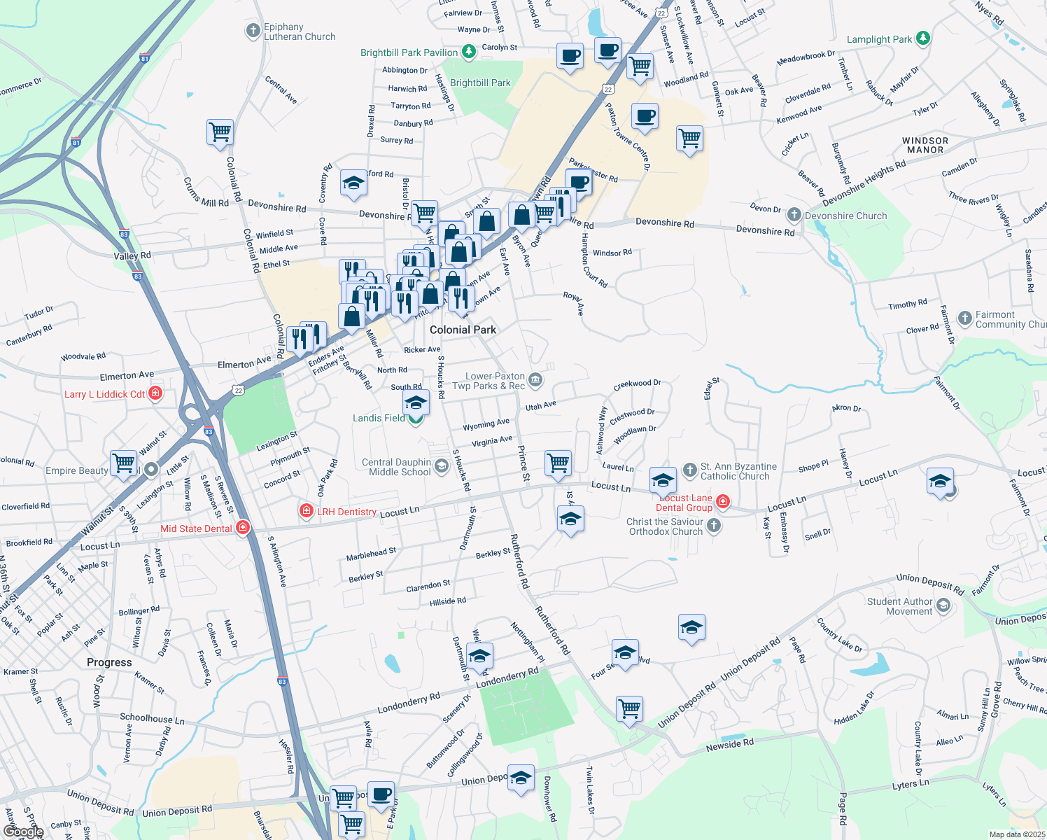 map of restaurants, bars, coffee shops, grocery stores, and more near 600 Prince Street in Harrisburg
