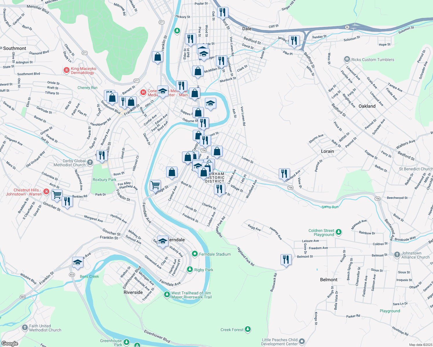 map of restaurants, bars, coffee shops, grocery stores, and more near 571 Cypress Avenue in Johnstown
