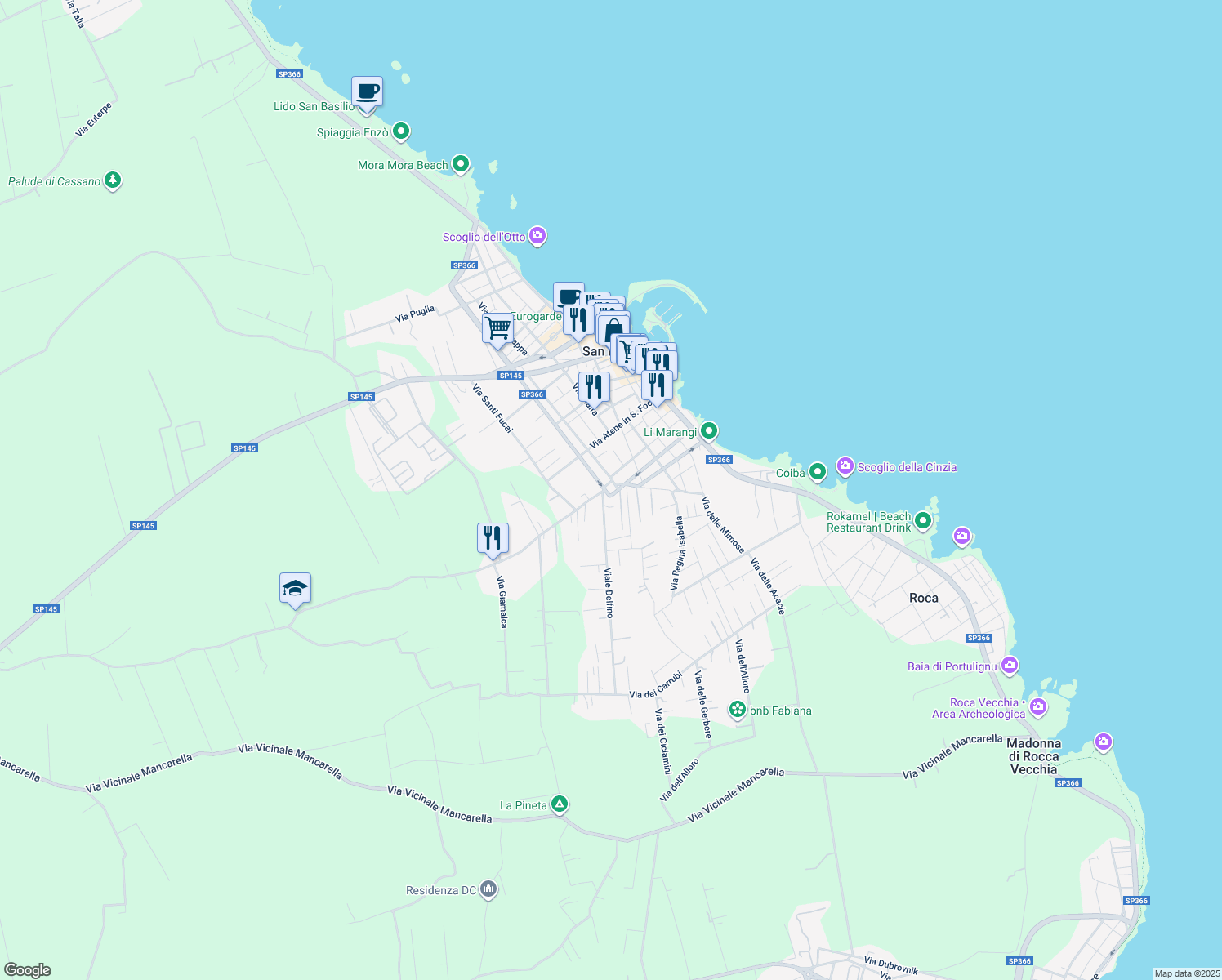 map of restaurants, bars, coffee shops, grocery stores, and more near Strada Provinciale 366 in San Foca