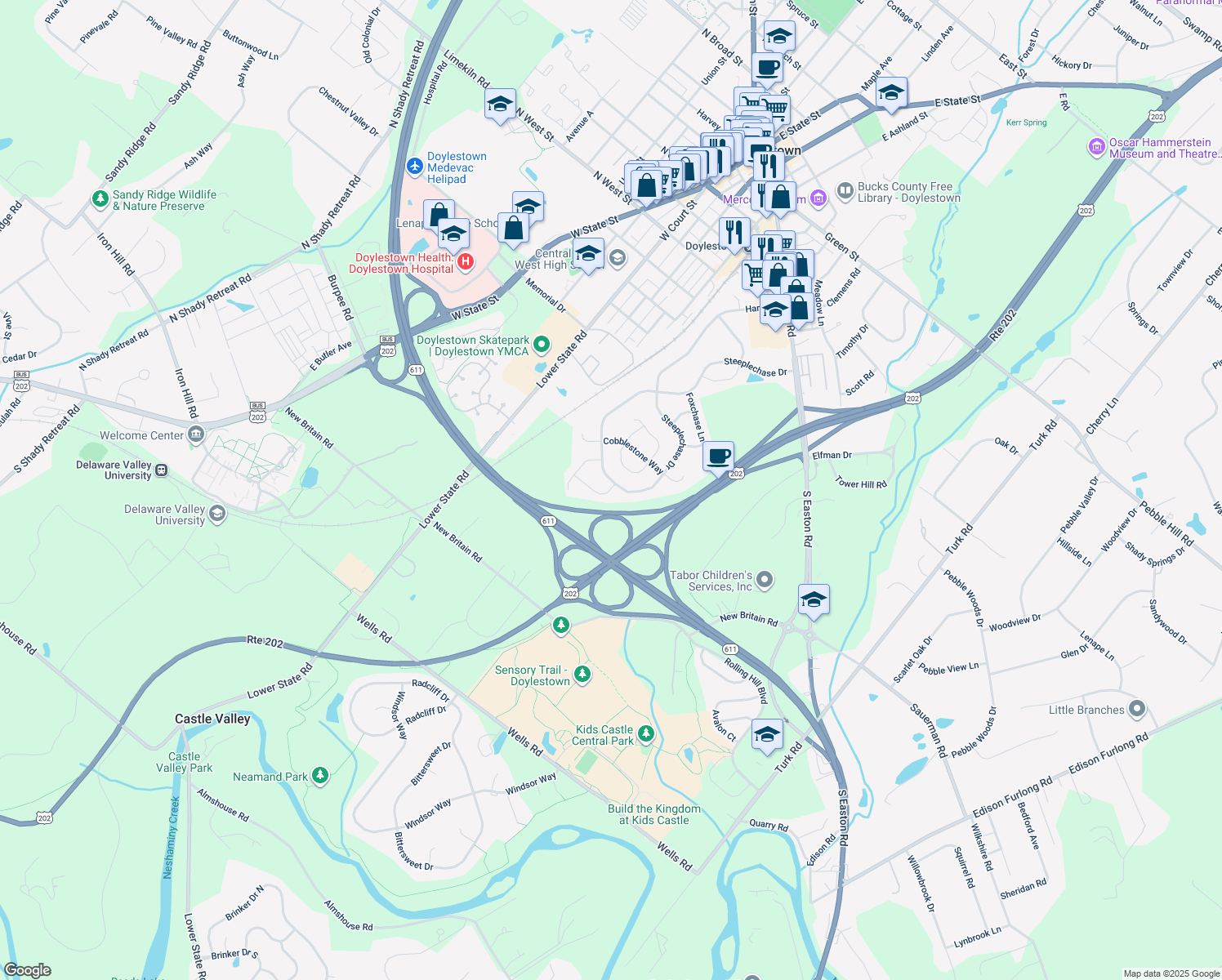 map of restaurants, bars, coffee shops, grocery stores, and more near 315 Hedgerow Lane in Doylestown